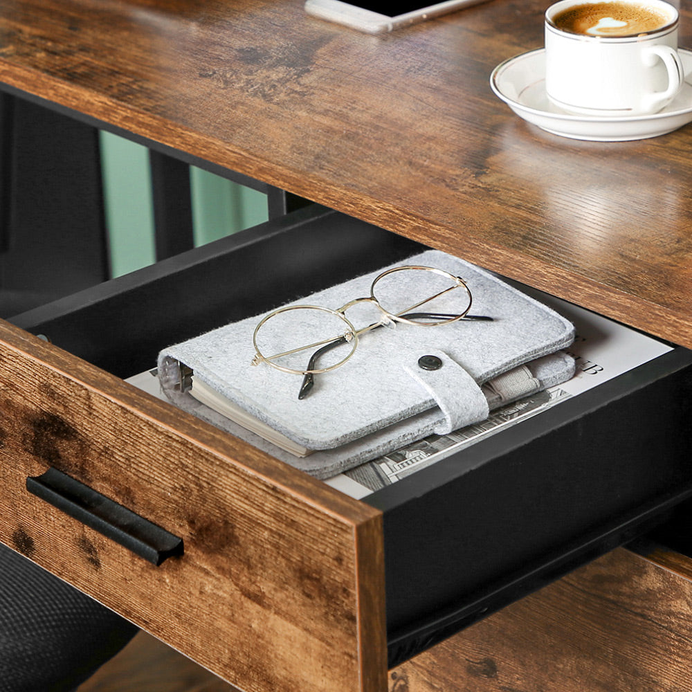 L-Shaped Office Desk – Steel – Rustic Brown and Black – Space-Saving with Cupboard and Drawer