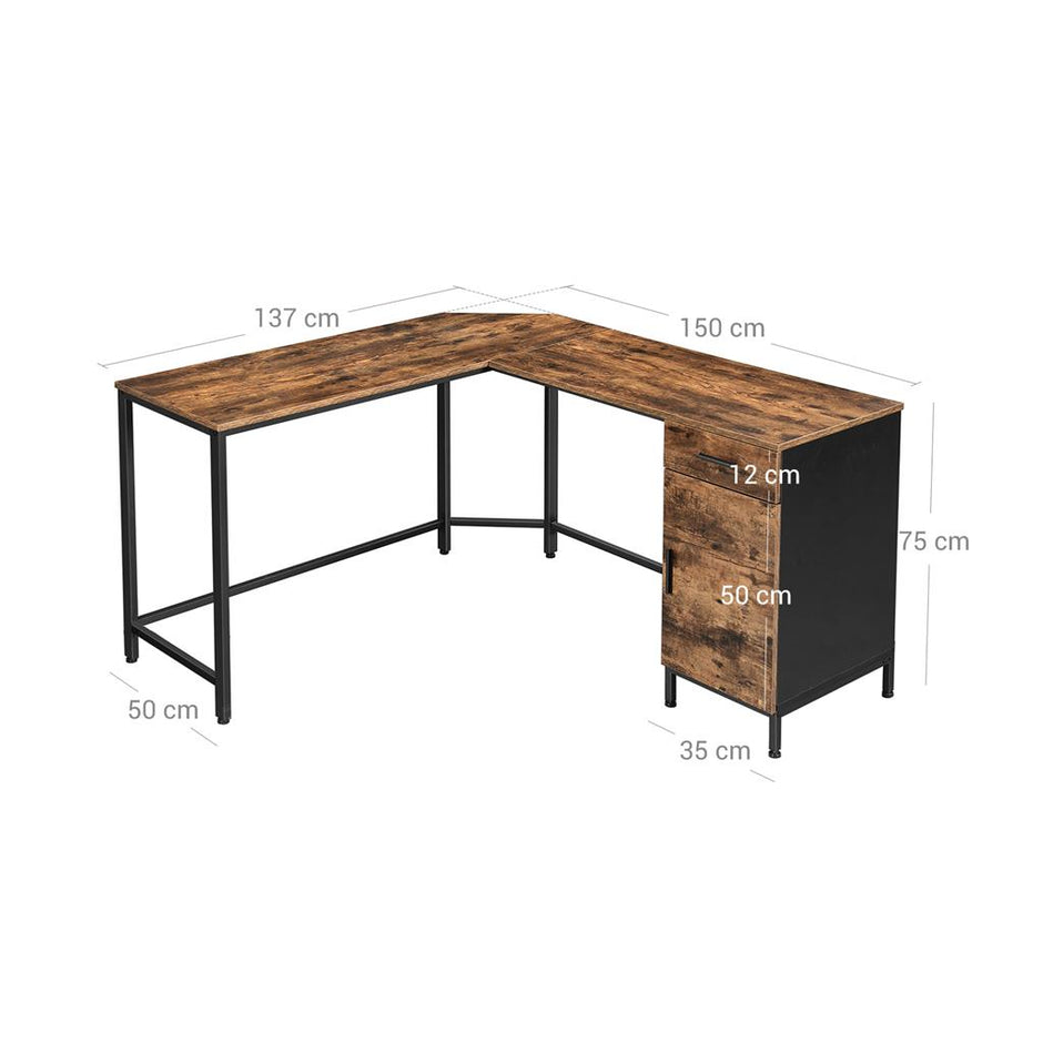 L-Shaped Office Desk – Steel – Rustic Brown and Black – Space-Saving with Cupboard and Drawer
