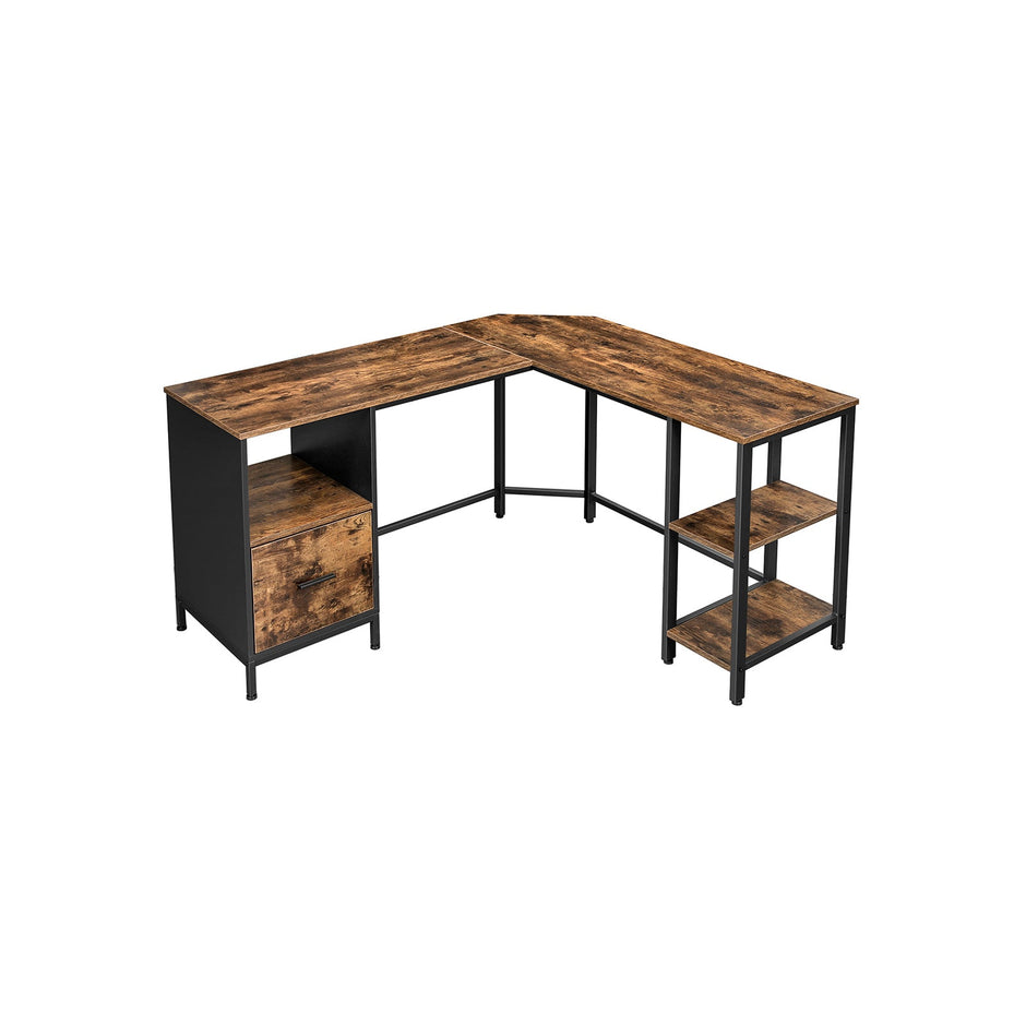 L-Shaped Office Desk – Wood and Metal – Rustic Brown and Black – Space-Saving with Cupboard and Hanging File Cabinet