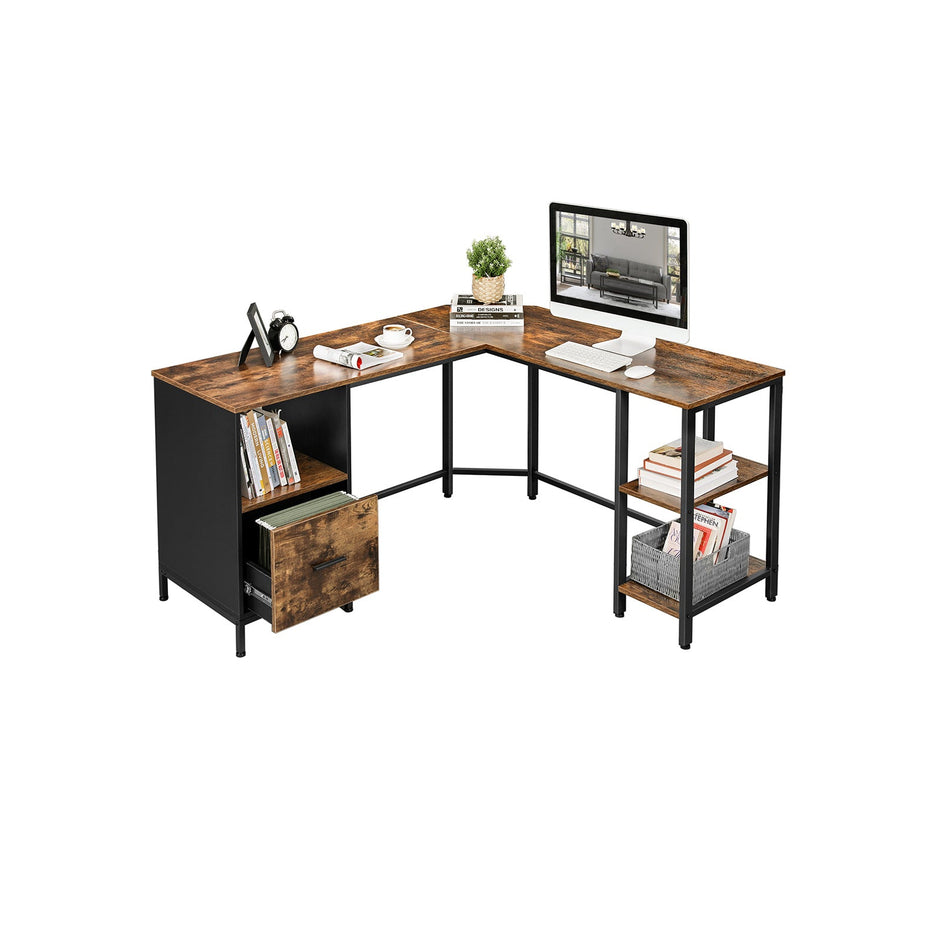 L-Shaped Office Desk – Wood and Metal – Rustic Brown and Black – Space-Saving with Cupboard and Hanging File Cabinet