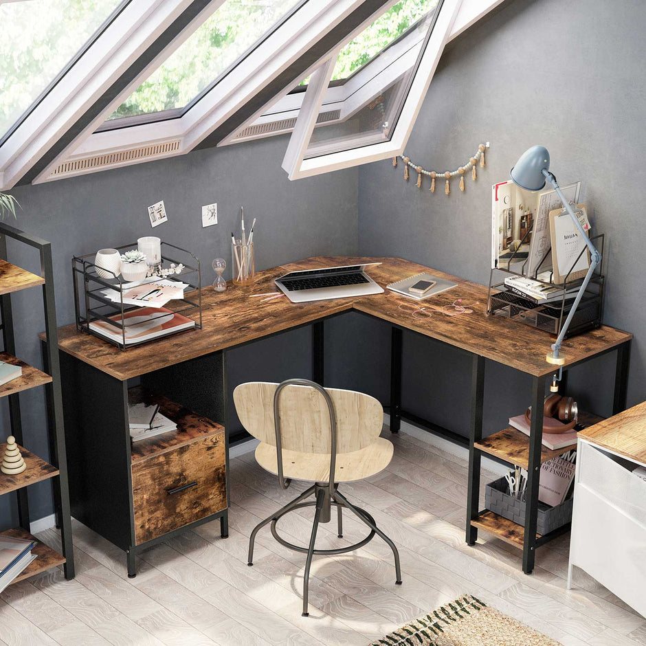 L-Shaped Office Desk – Wood and Metal – Rustic Brown and Black – Space-Saving with Cupboard and Hanging File Cabinet