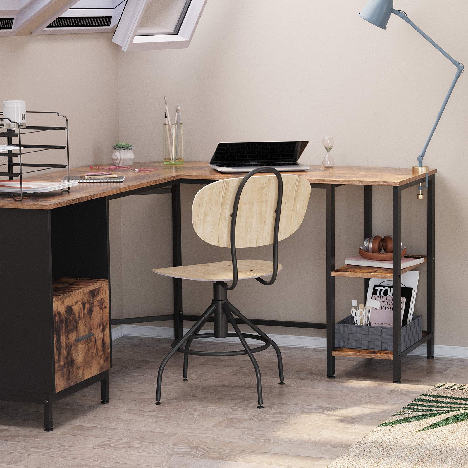 L-Shaped Office Desk – Wood and Metal – Rustic Brown and Black – Space-Saving with Cupboard and Hanging File Cabinet