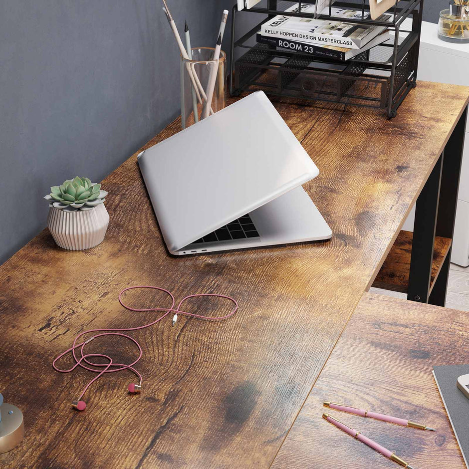L-Shaped Office Desk – Wood and Metal – Rustic Brown and Black – Space-Saving with Cupboard and Hanging File Cabinet