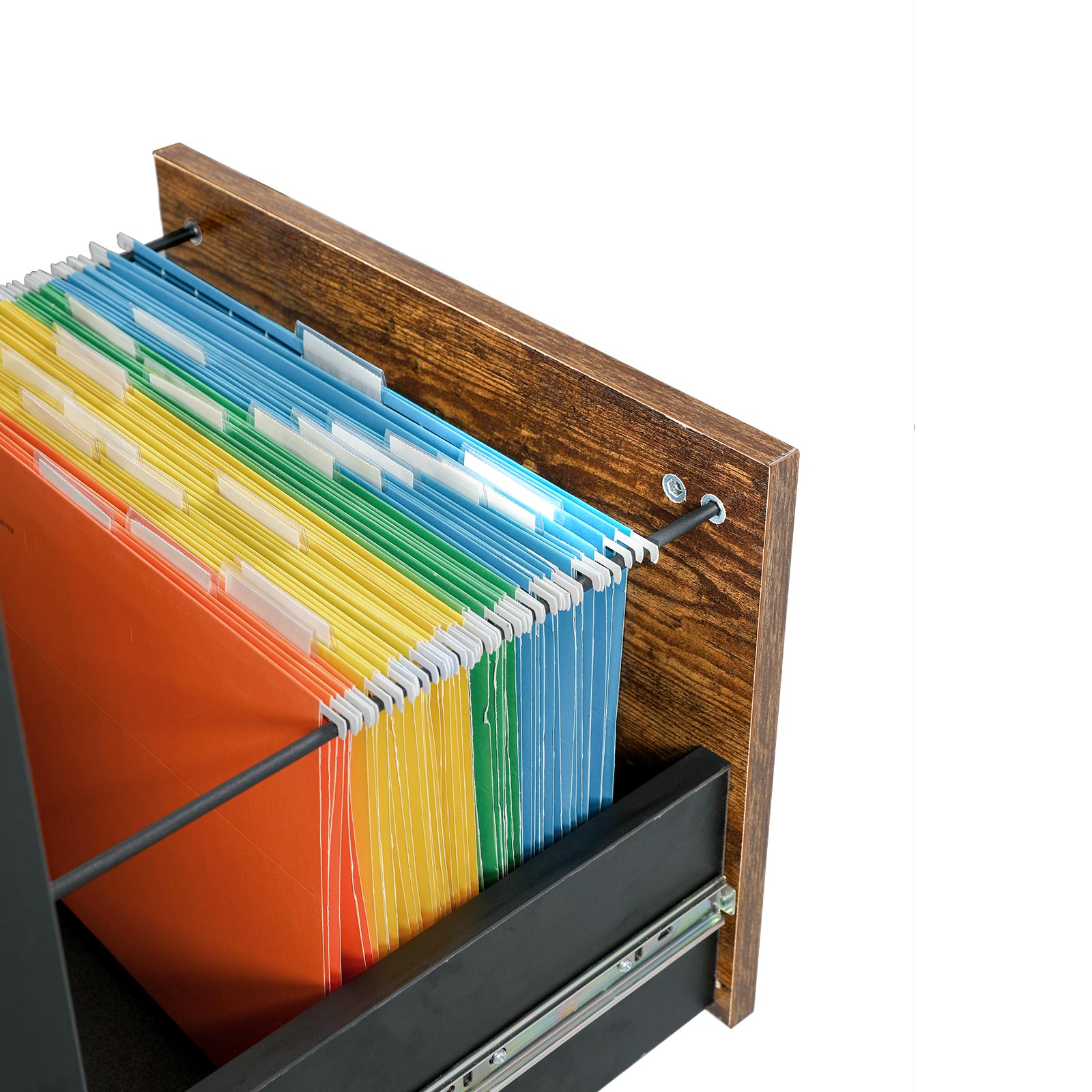 L-Shaped Office Desk – Wood and Metal – Rustic Brown and Black – Space-Saving with Cupboard and Hanging File Cabinet