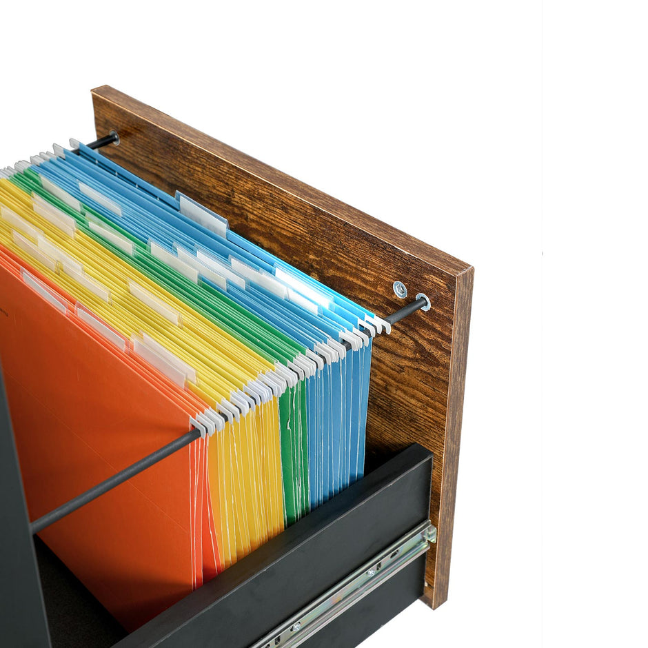 L-Shaped Office Desk – Wood and Metal – Rustic Brown and Black – Space-Saving with Cupboard and Hanging File Cabinet