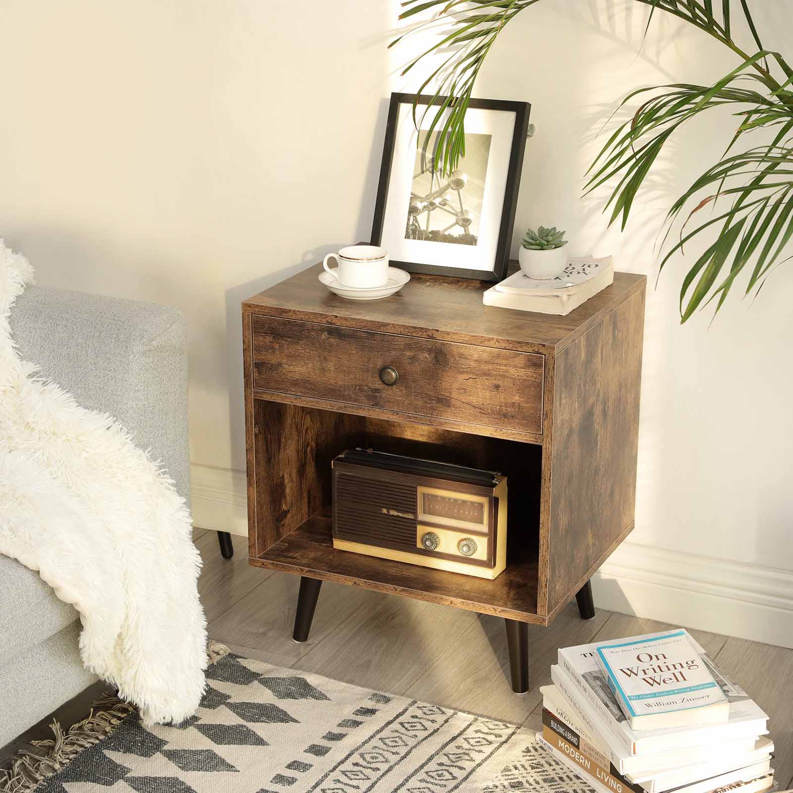 End Table – Pinewood – Rustic Brown – Nightstand with Drawer and Open Compartment