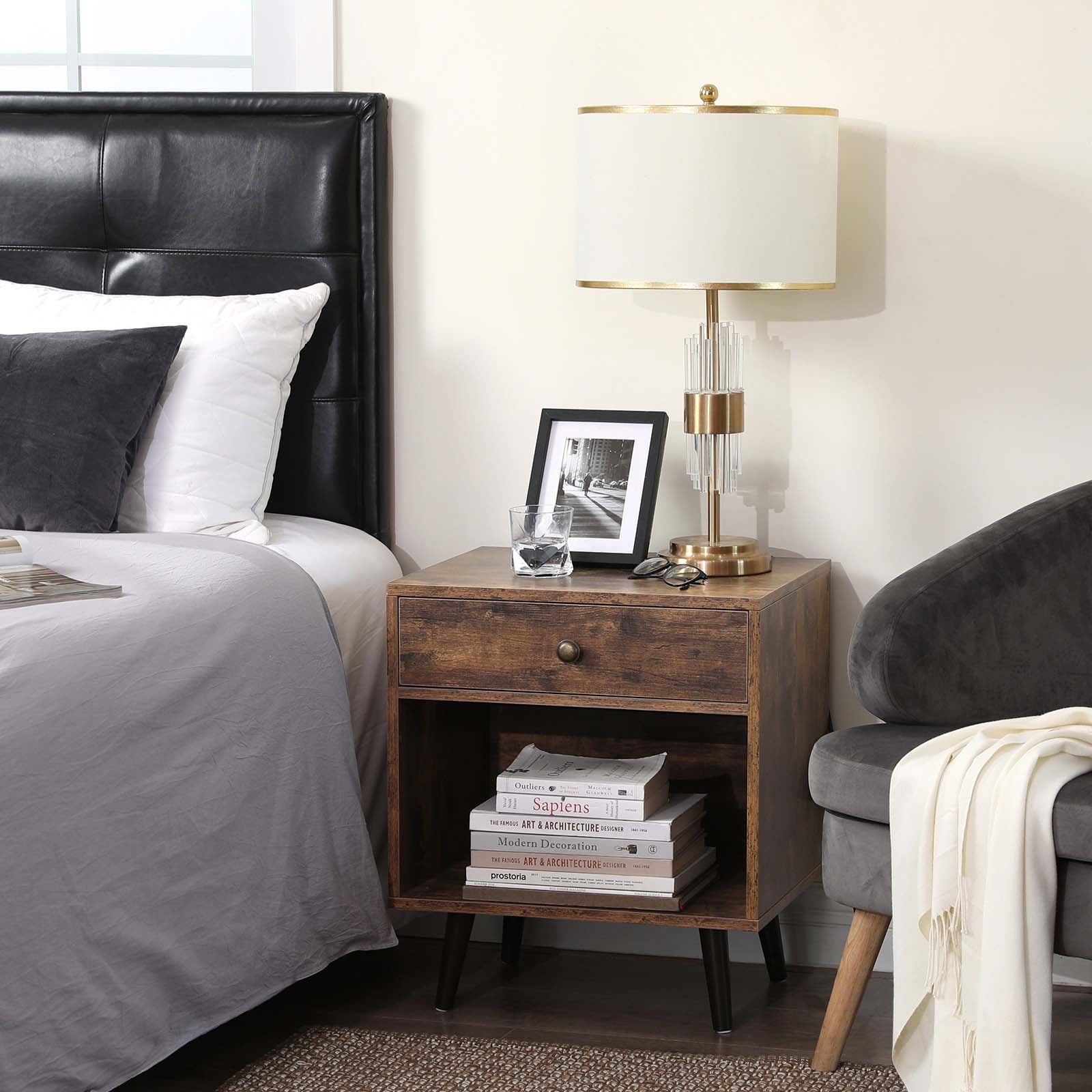 End Table – Pinewood – Rustic Brown – Nightstand with Drawer and Open Compartment