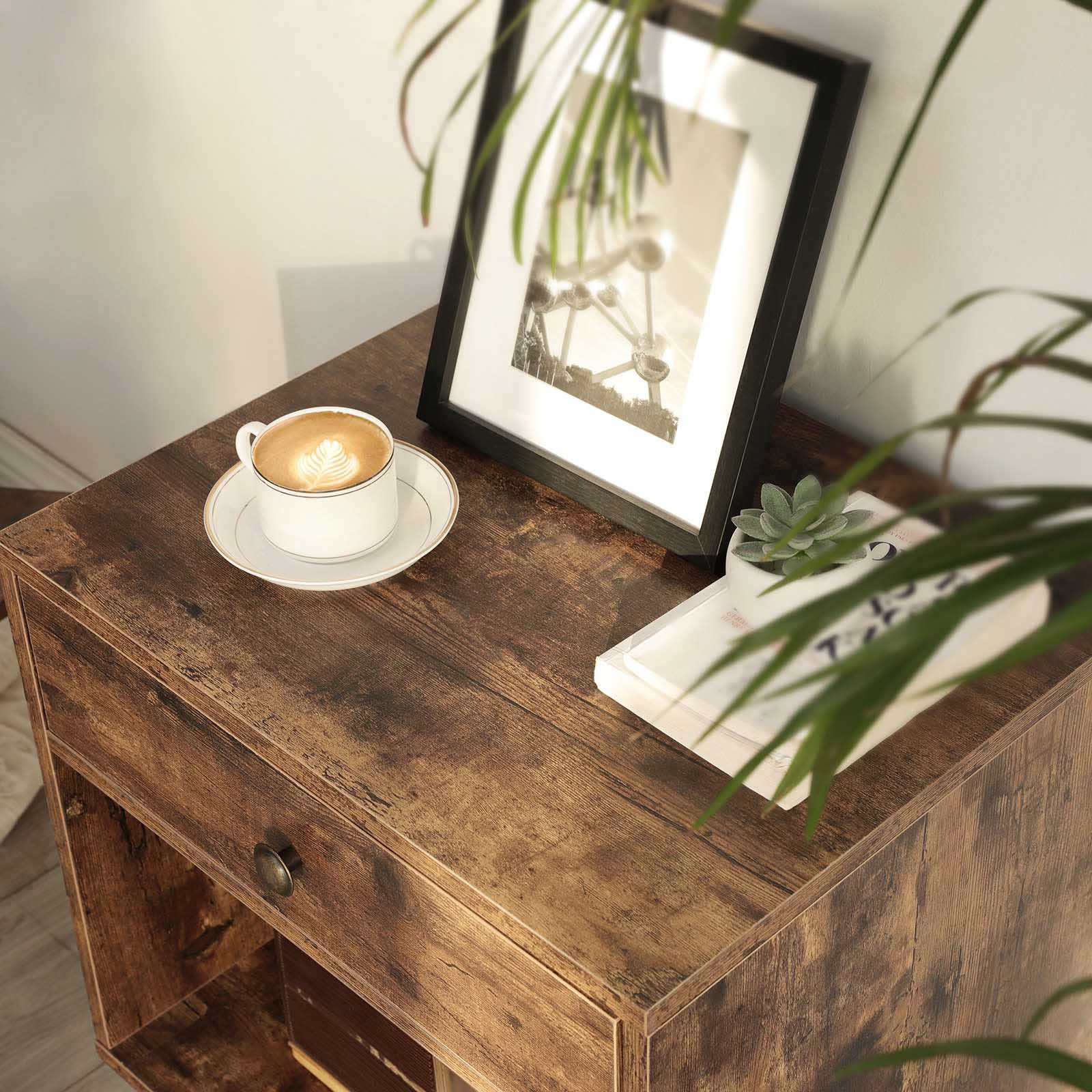 End Table – Pinewood – Rustic Brown – Nightstand with Drawer and Open Compartment