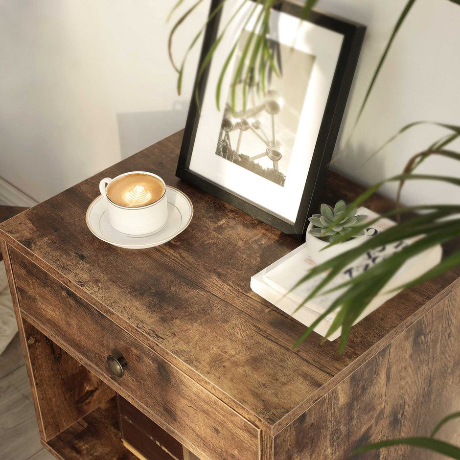 End Table – Pinewood – Rustic Brown – Nightstand with Drawer and Open Compartment