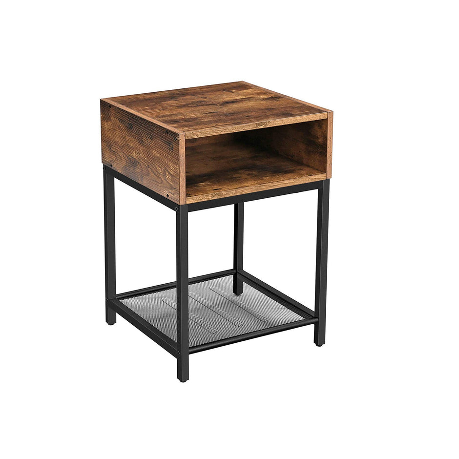 Open Compartment Nightstand – Wood – Rustic Brown – Industrial Design with Mesh Shelf