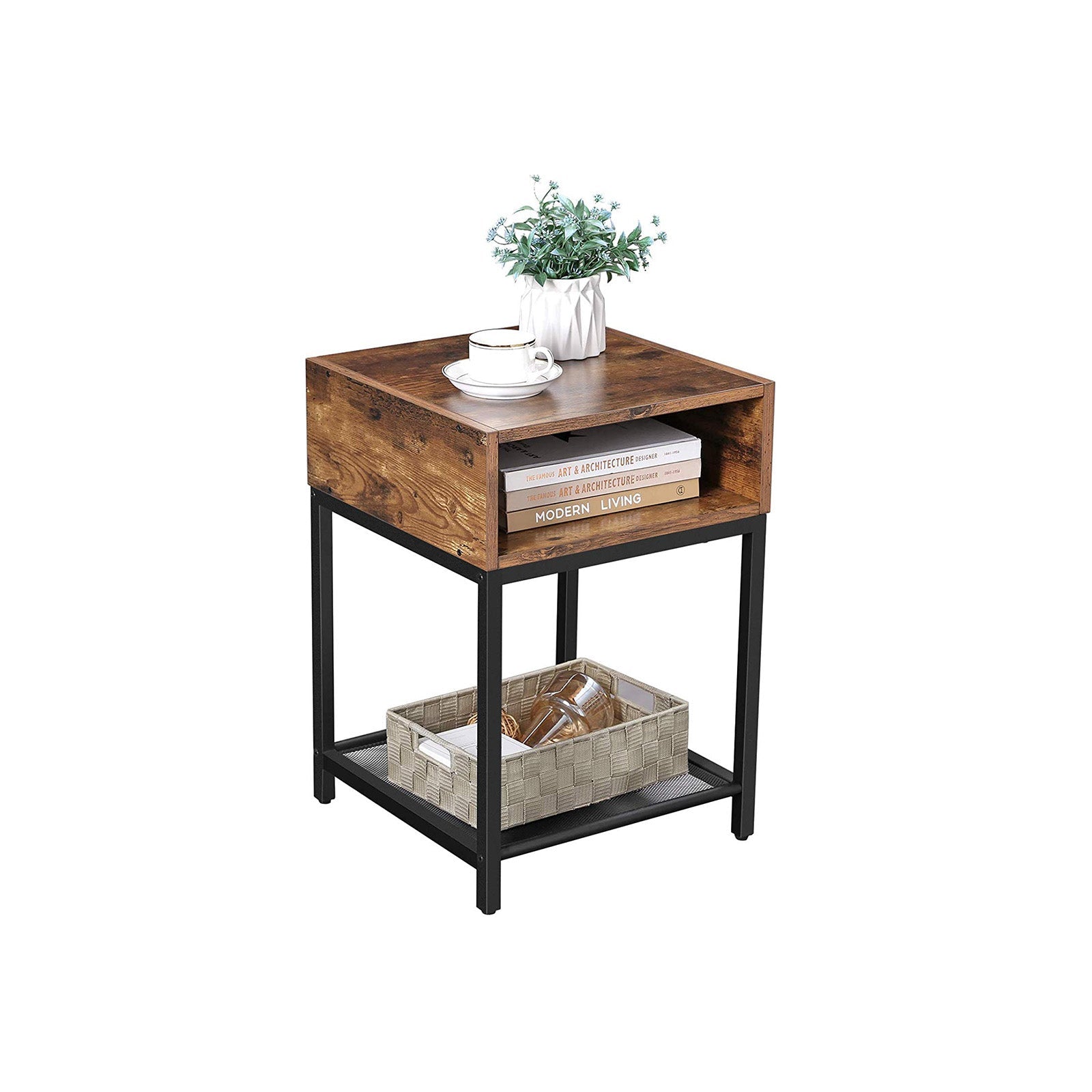 Open Compartment Nightstand – Wood – Rustic Brown – Industrial Design with Mesh Shelf