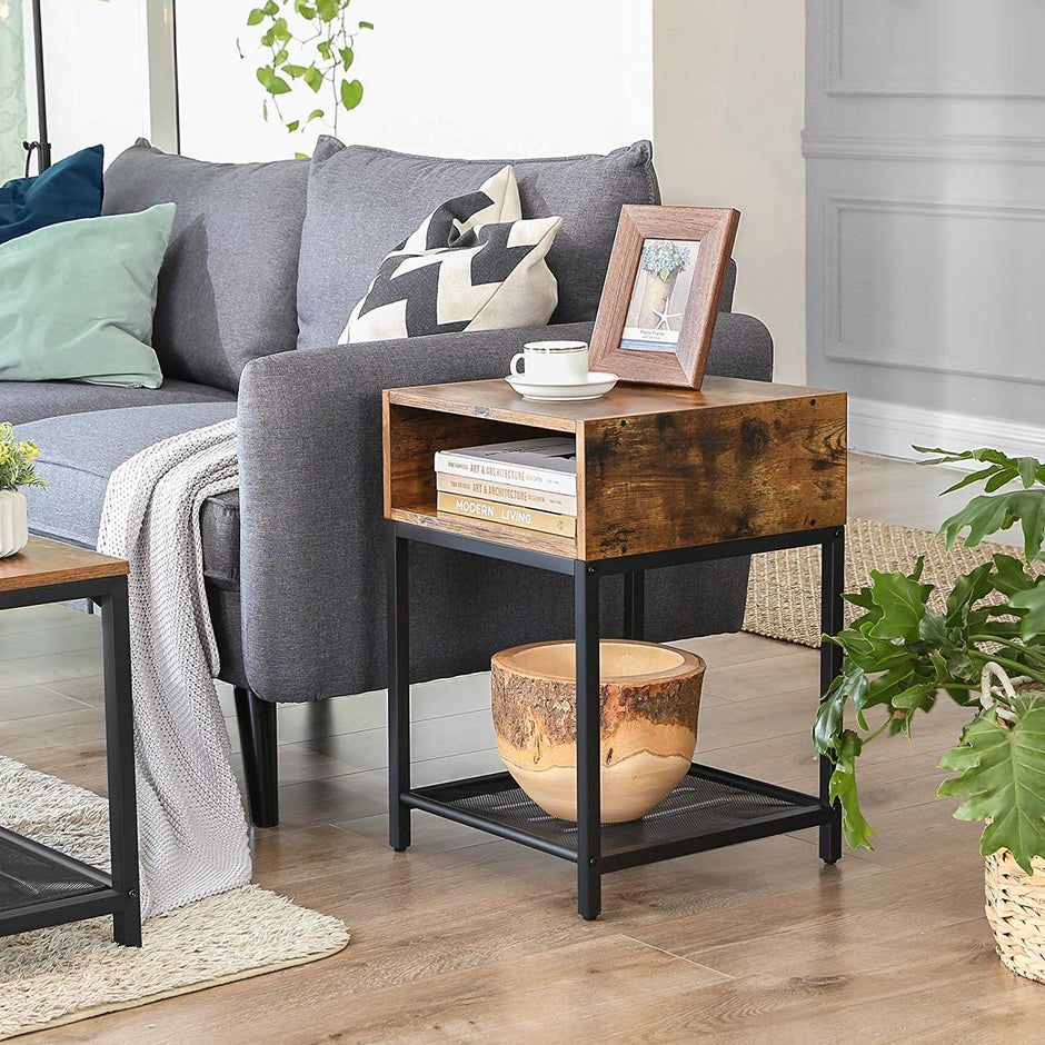 Open Compartment Nightstand – Wood – Rustic Brown – Industrial Design with Mesh Shelf