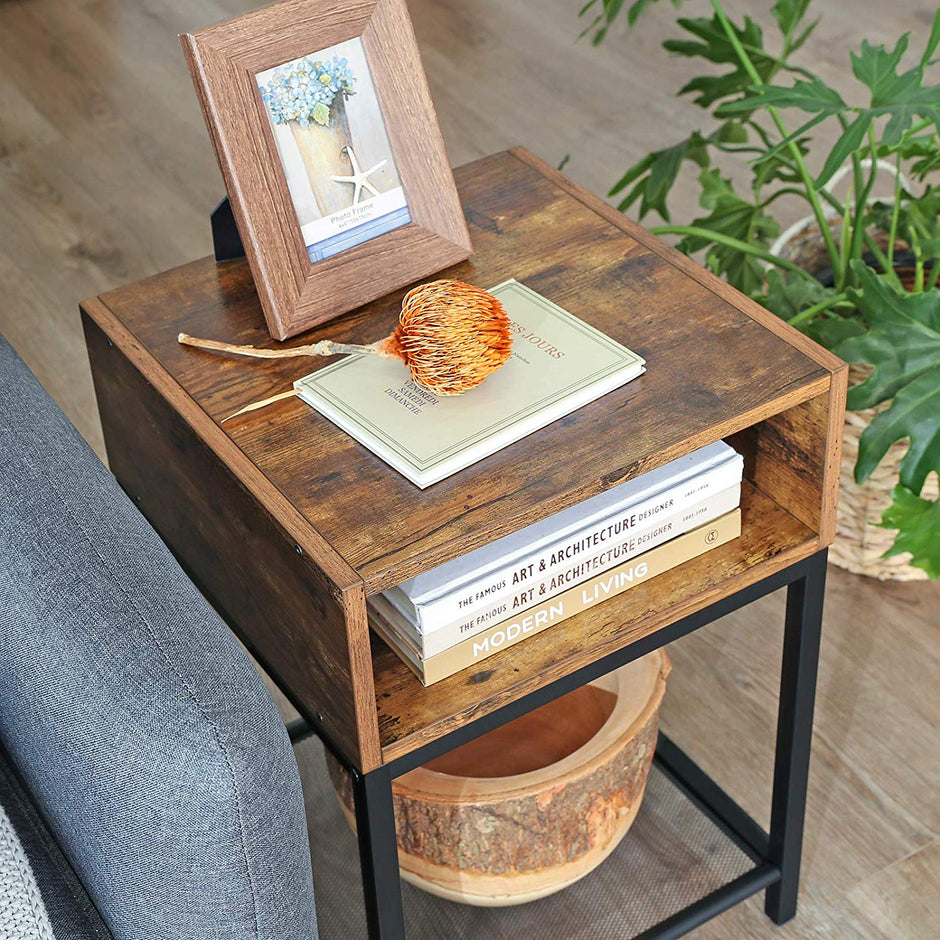 Open Compartment Nightstand – Wood – Rustic Brown – Industrial Design with Mesh Shelf