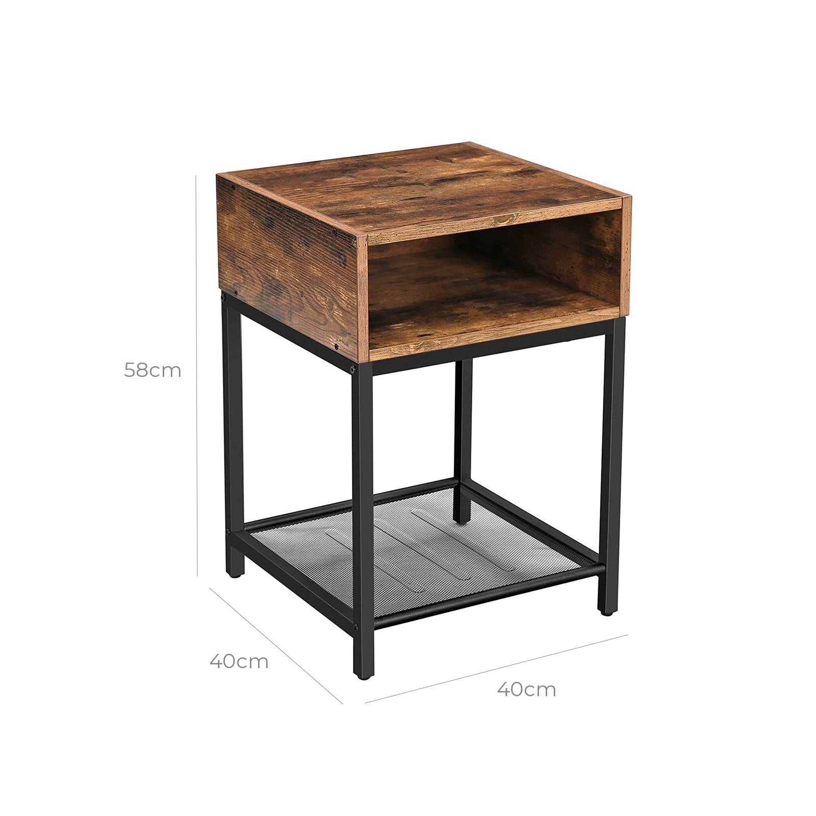 Open Compartment Nightstand – Wood – Rustic Brown – Industrial Design with Mesh Shelf