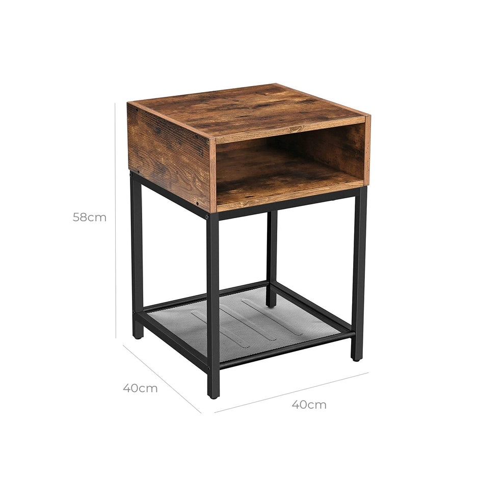 Open Compartment Nightstand – Wood – Rustic Brown – Industrial Design with Mesh Shelf