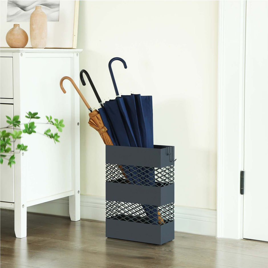Umbrella Stand – Metal – Anthracite Grey – Rectangular with Water Tray and 4 Hooks