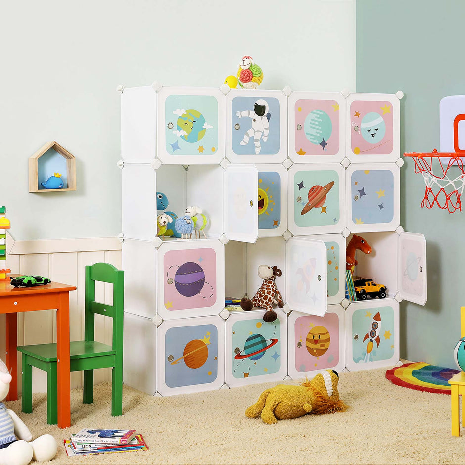 Kids' Organiser Cabinet – Plastic – White – 16-Cube Modular Storage Unit with Doors
