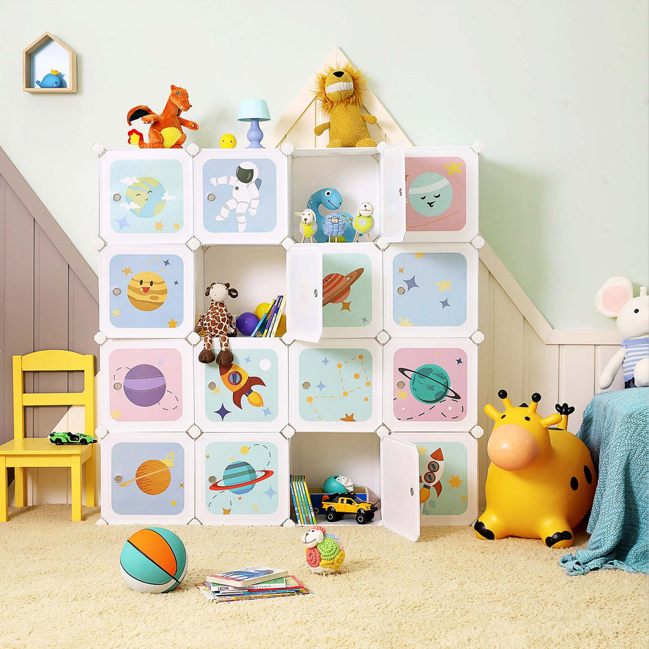 Kids' Organiser Cabinet – Plastic – White – 16-Cube Modular Storage Unit with Doors