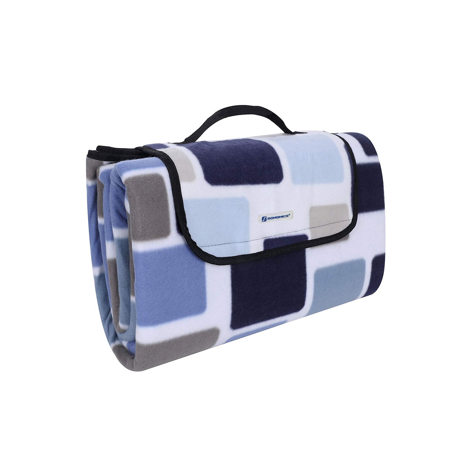 Picnic Blanket – Waterproof Backing – Blue and White Tartan Design – Large Size 200 x 200 cm with Handle