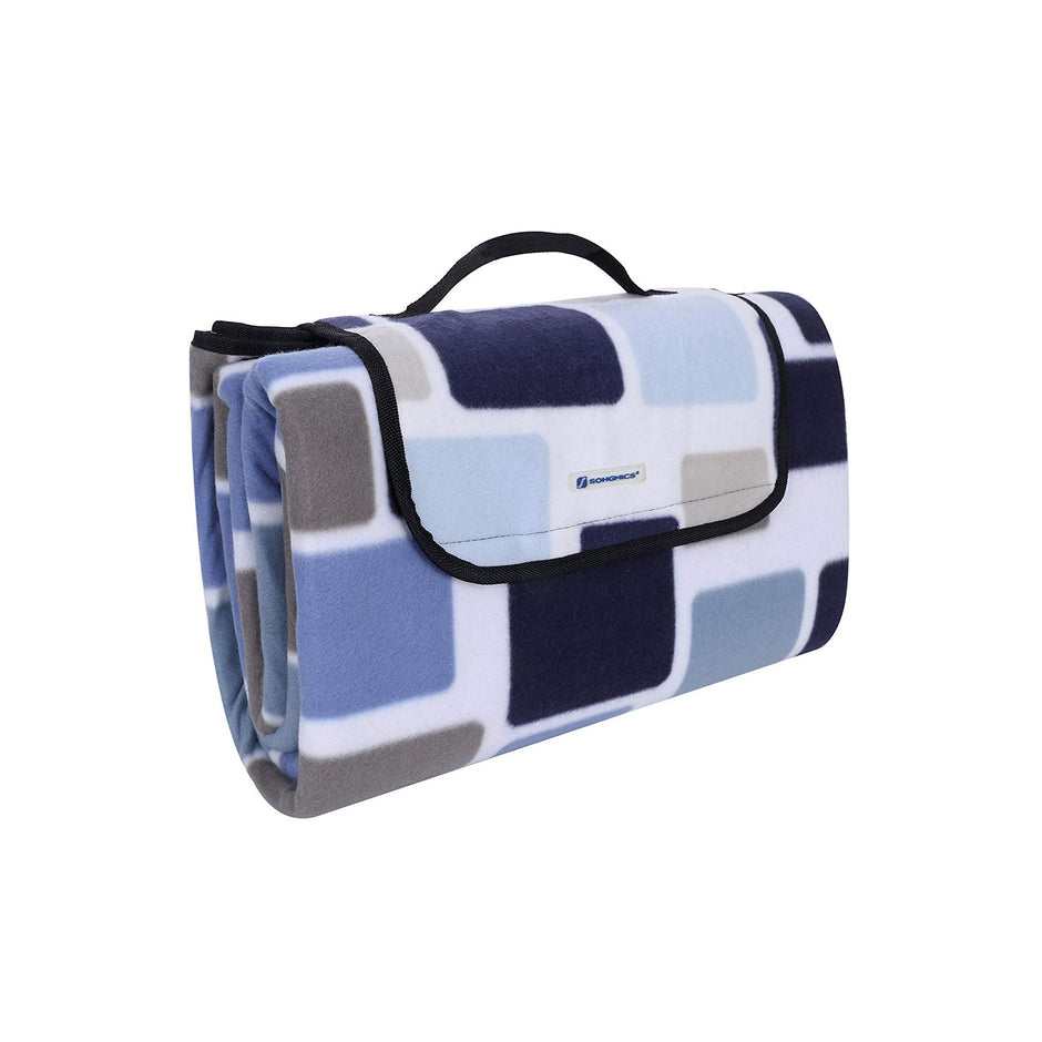 Picnic Blanket – Waterproof Backing – Blue and White Tartan Design – Large Size 200 x 200 cm with Handle