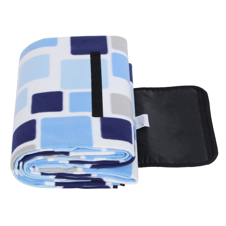 Picnic Blanket – Waterproof Backing – Blue and White Tartan Design – Large Size 200 x 200 cm with Handle