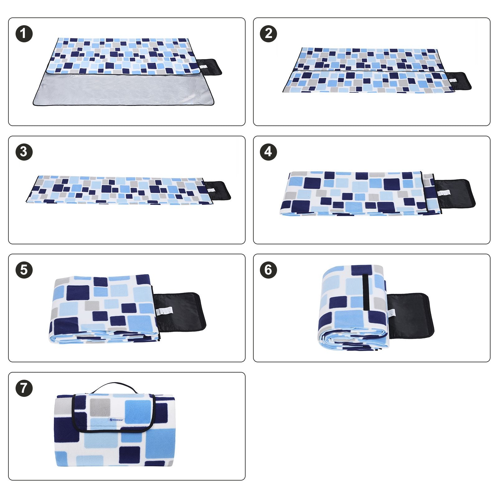 Picnic Blanket – Waterproof Backing – Blue and White Tartan Design – Large Size 200 x 200 cm with Handle