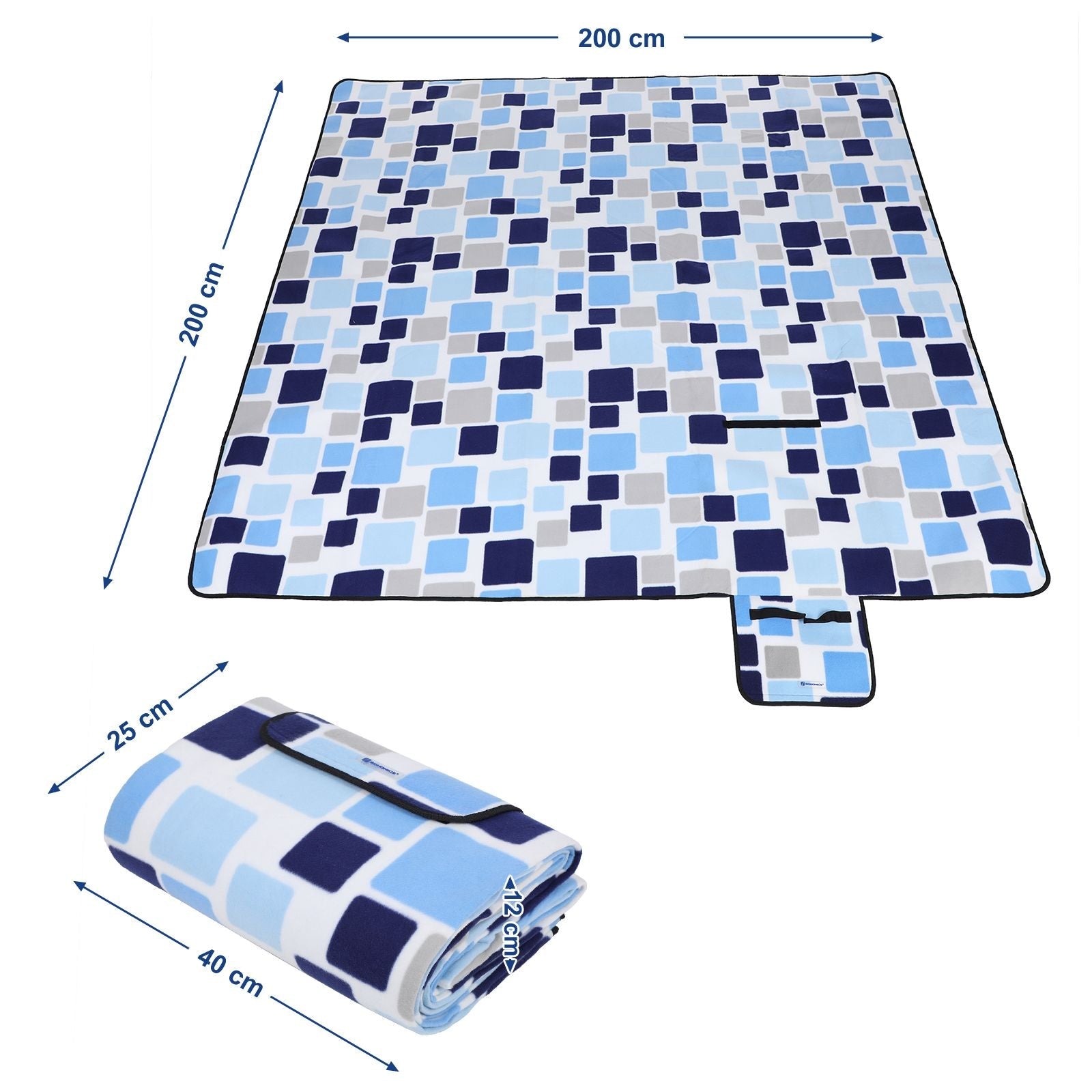 Picnic Blanket – Waterproof Backing – Blue and White Tartan Design – Large Size 200 x 200 cm with Handle