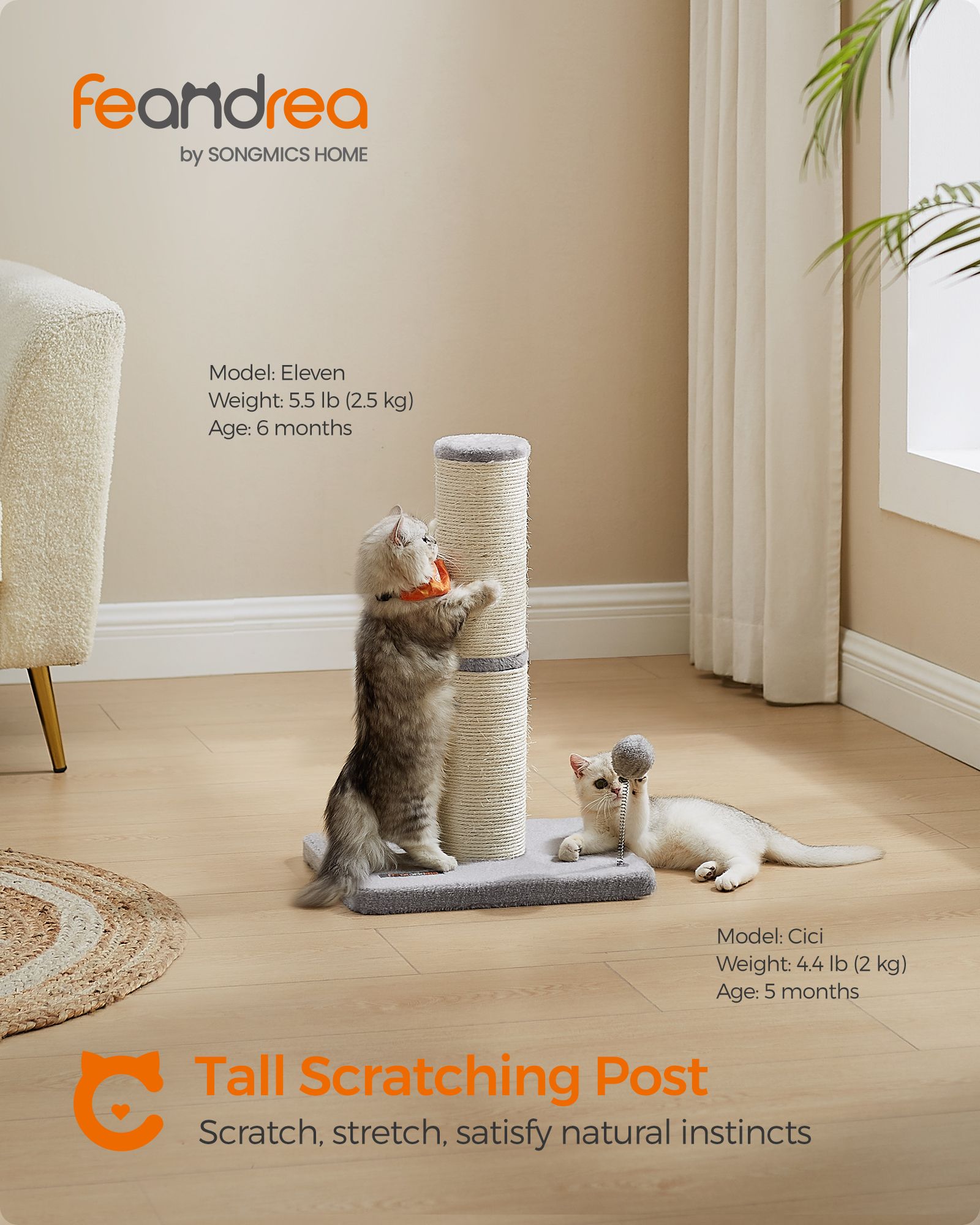Cat Scratching Post – Sisal – Dove Grey – 85 cm with Spring Pompom and Built-in Bell