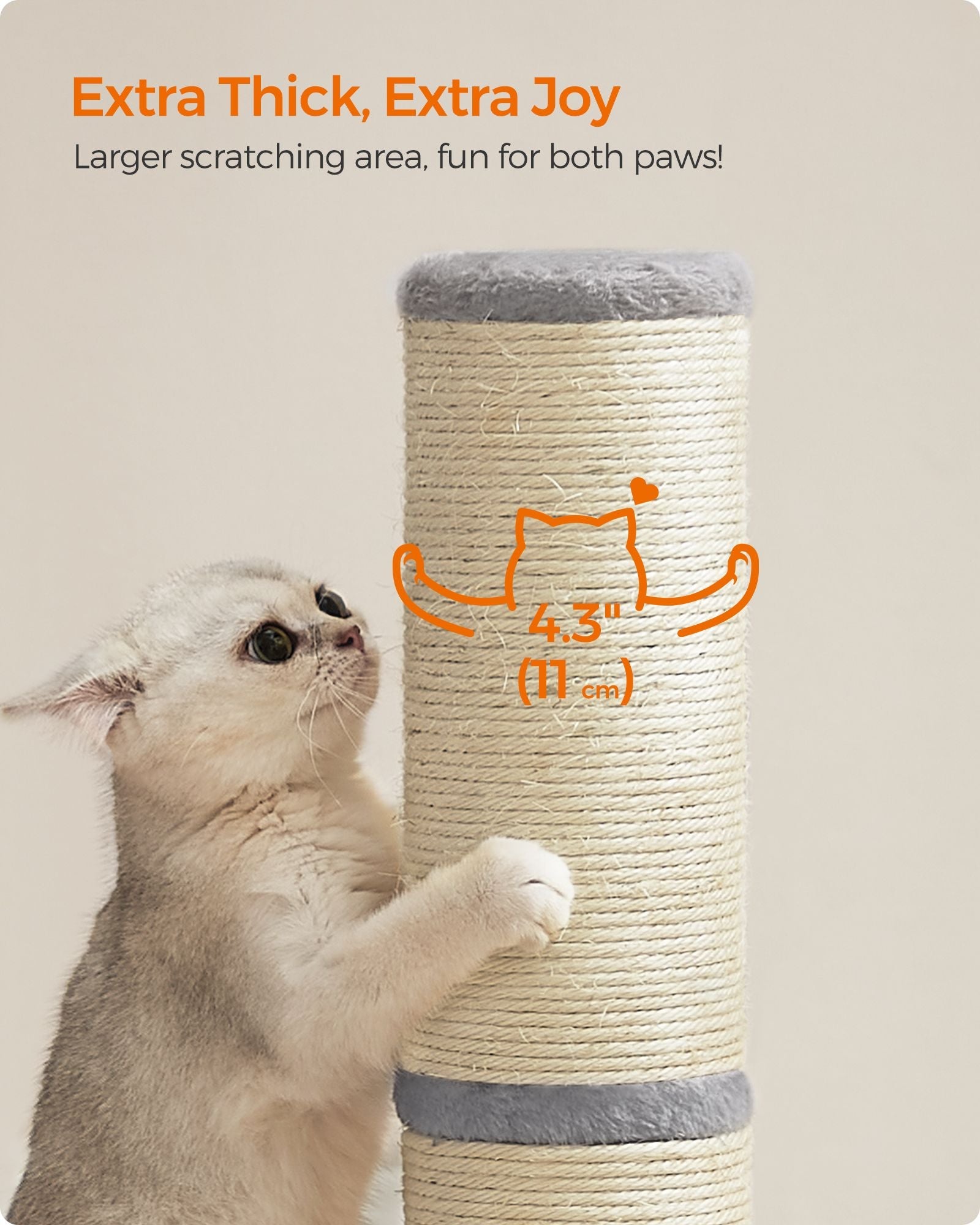 Cat Scratching Post – Sisal – Dove Grey – 85 cm with Spring Pompom and Built-in Bell