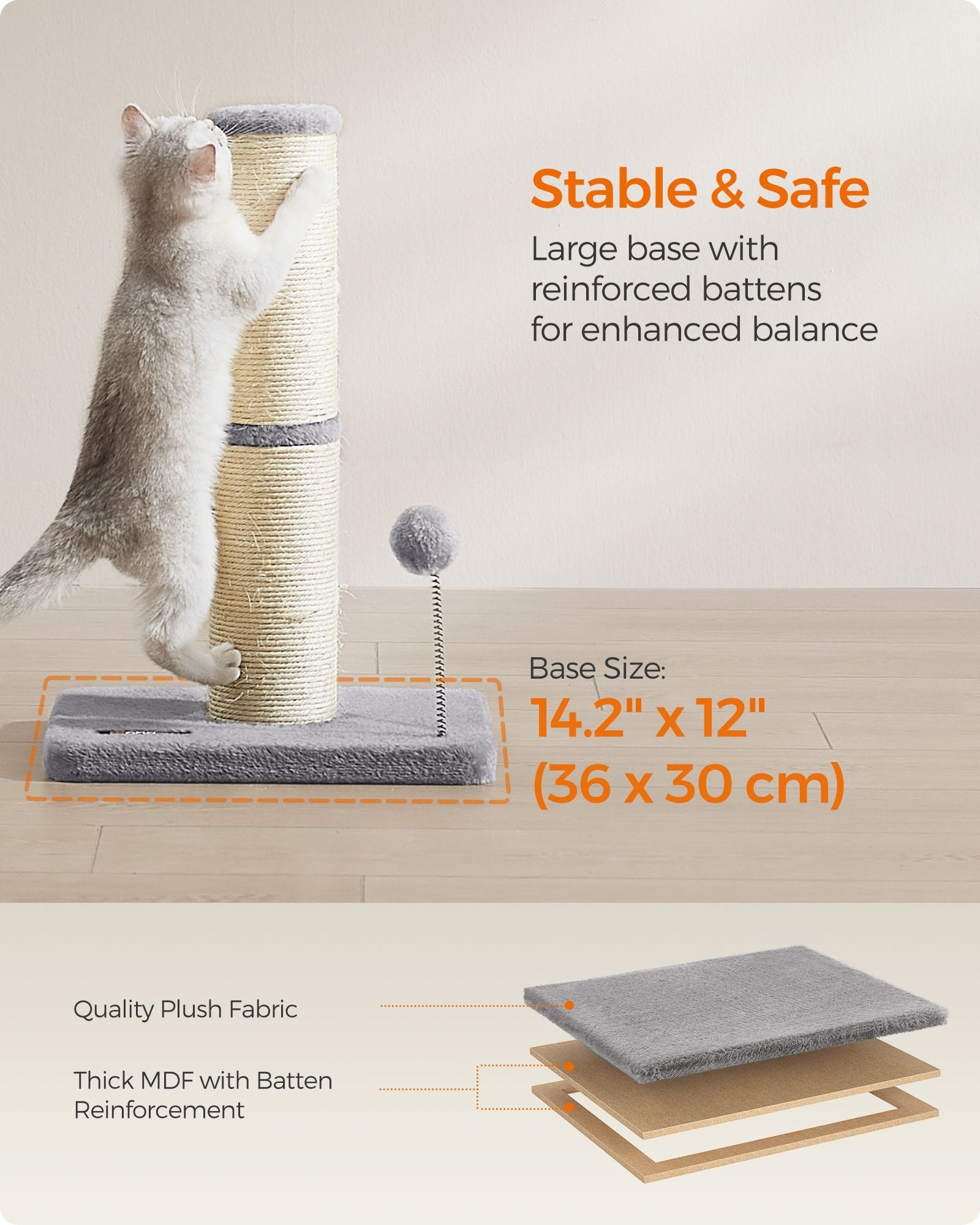 Cat Scratching Post – Sisal – Dove Grey – 85 cm with Spring Pompom and Built-in Bell