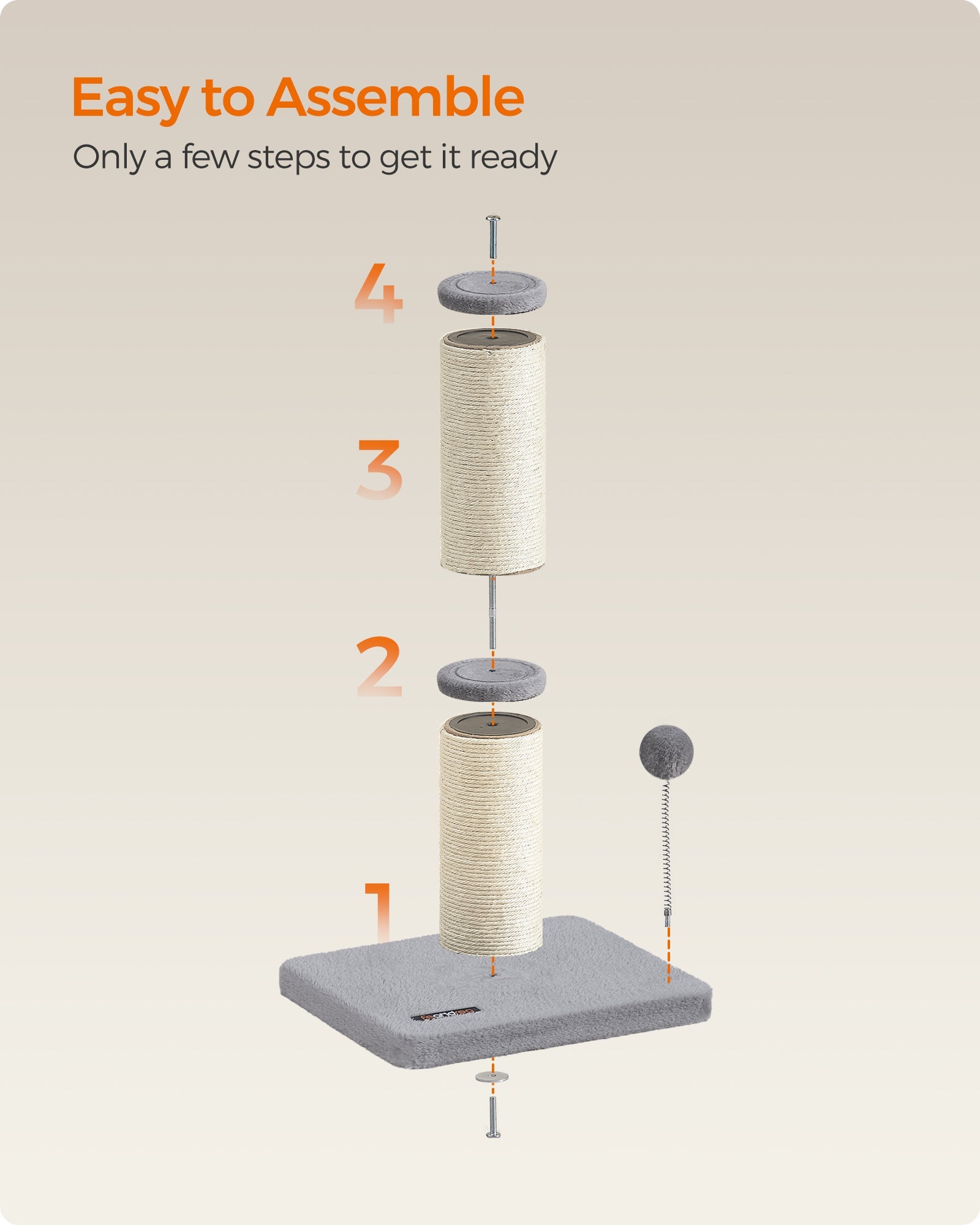 Cat Scratching Post – Sisal – Dove Grey – 85 cm with Spring Pompom and Built-in Bell