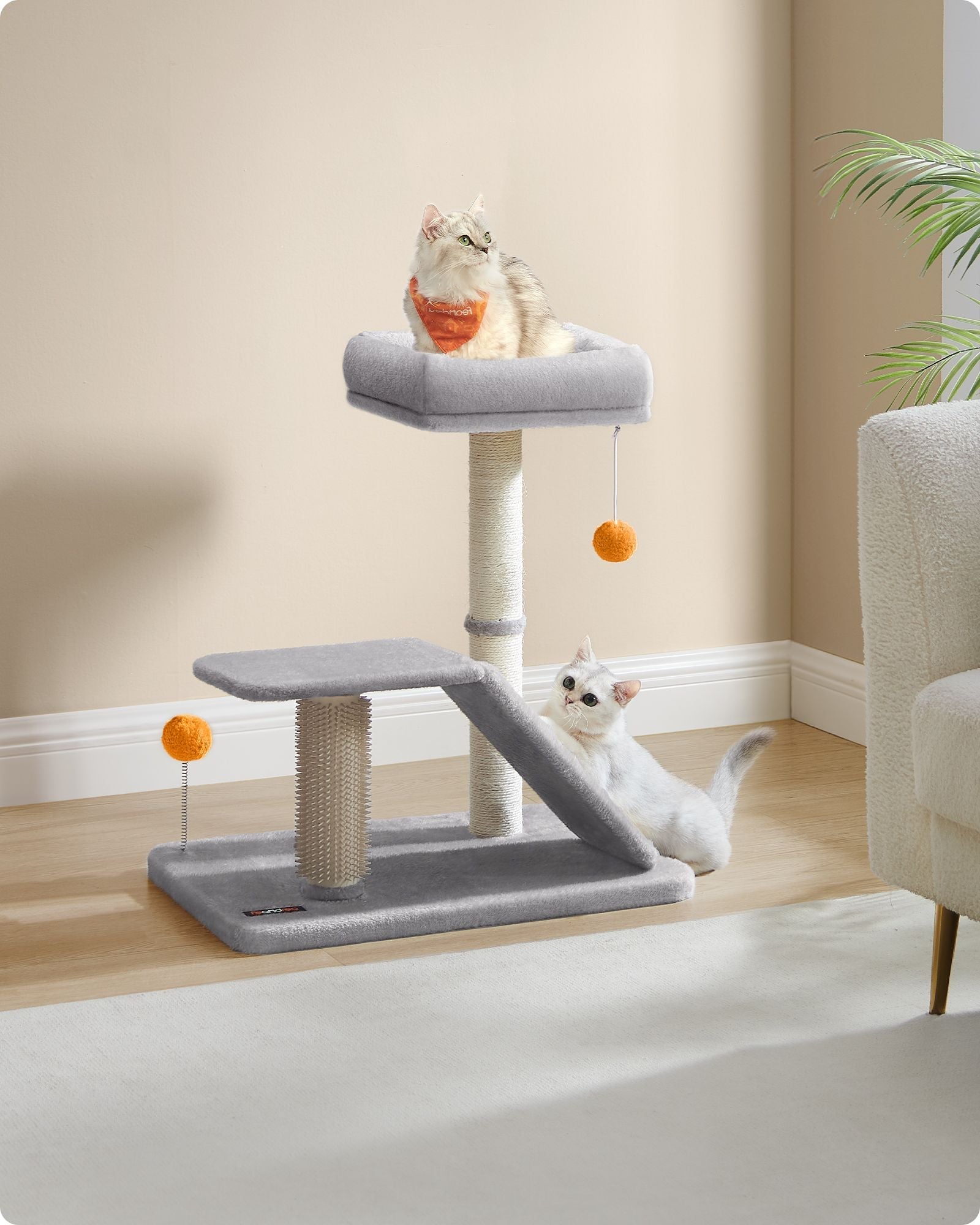 Multifunctional Cat Scratching Post – Wood – Light Grey – With Bed and Rotatable Scratching Ramp