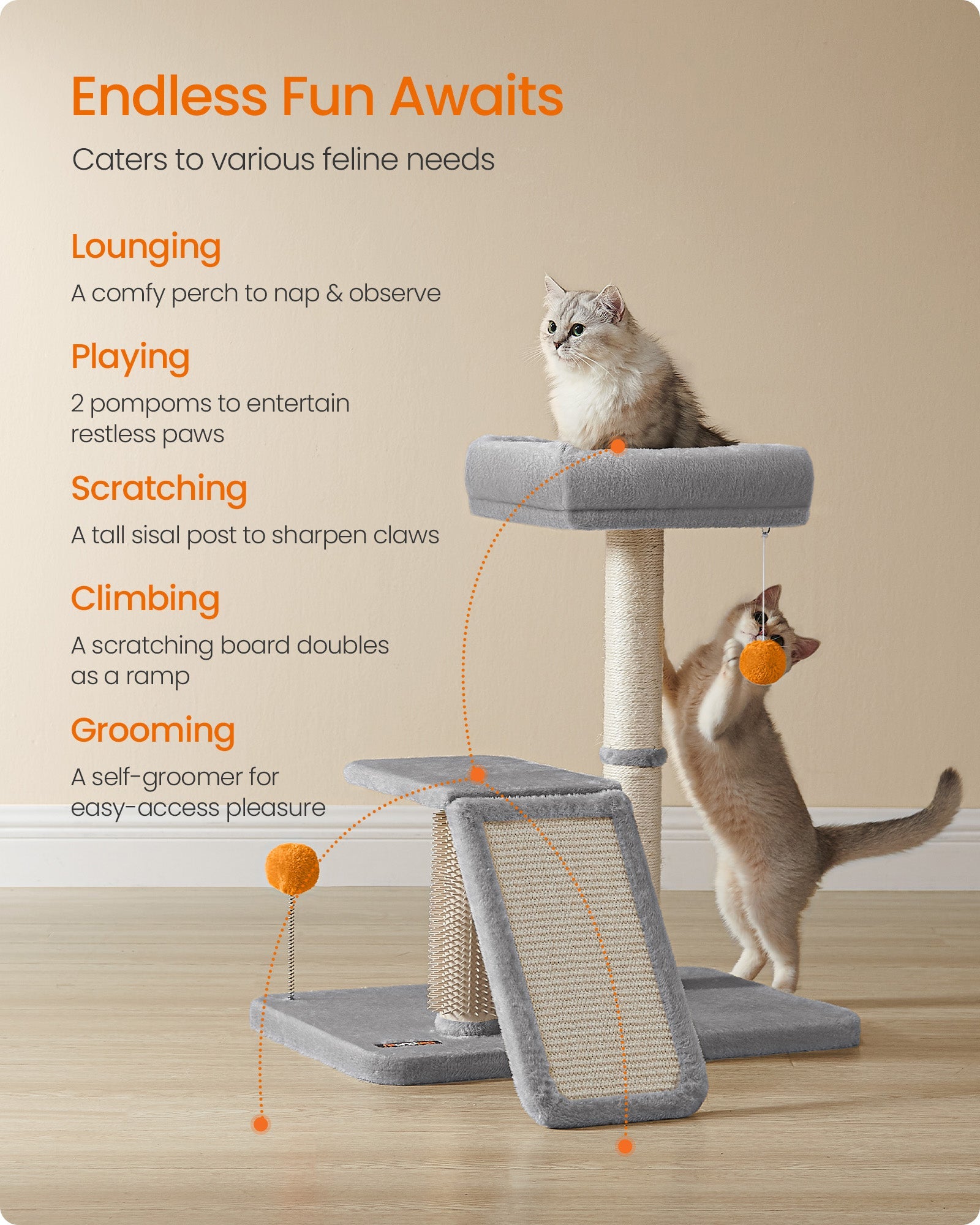 Multifunctional Cat Scratching Post – Wood – Light Grey – With Bed and Rotatable Scratching Ramp