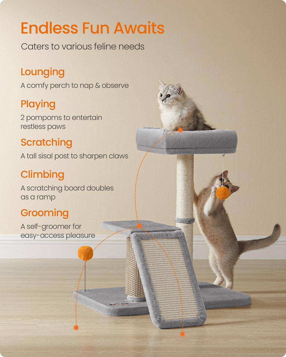 Multifunctional Cat Scratching Post – Wood – Light Grey – With Bed and Rotatable Scratching Ramp