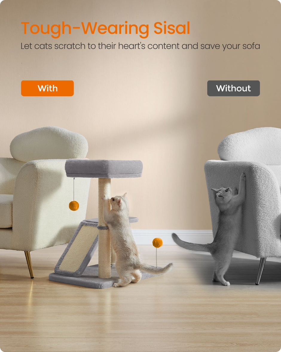 Multifunctional Cat Scratching Post – Wood – Light Grey – With Bed and Rotatable Scratching Ramp