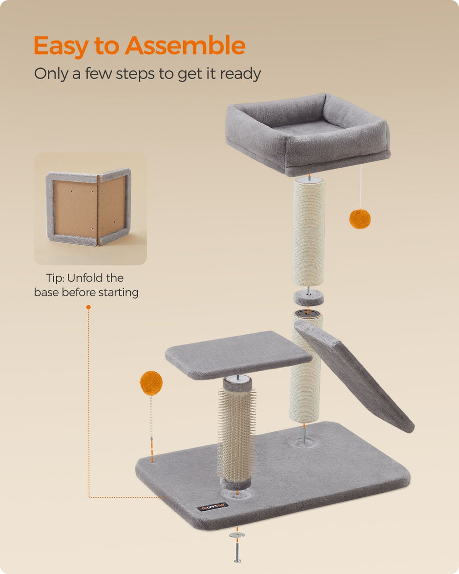 Multifunctional Cat Scratching Post – Wood – Light Grey – With Bed and Rotatable Scratching Ramp
