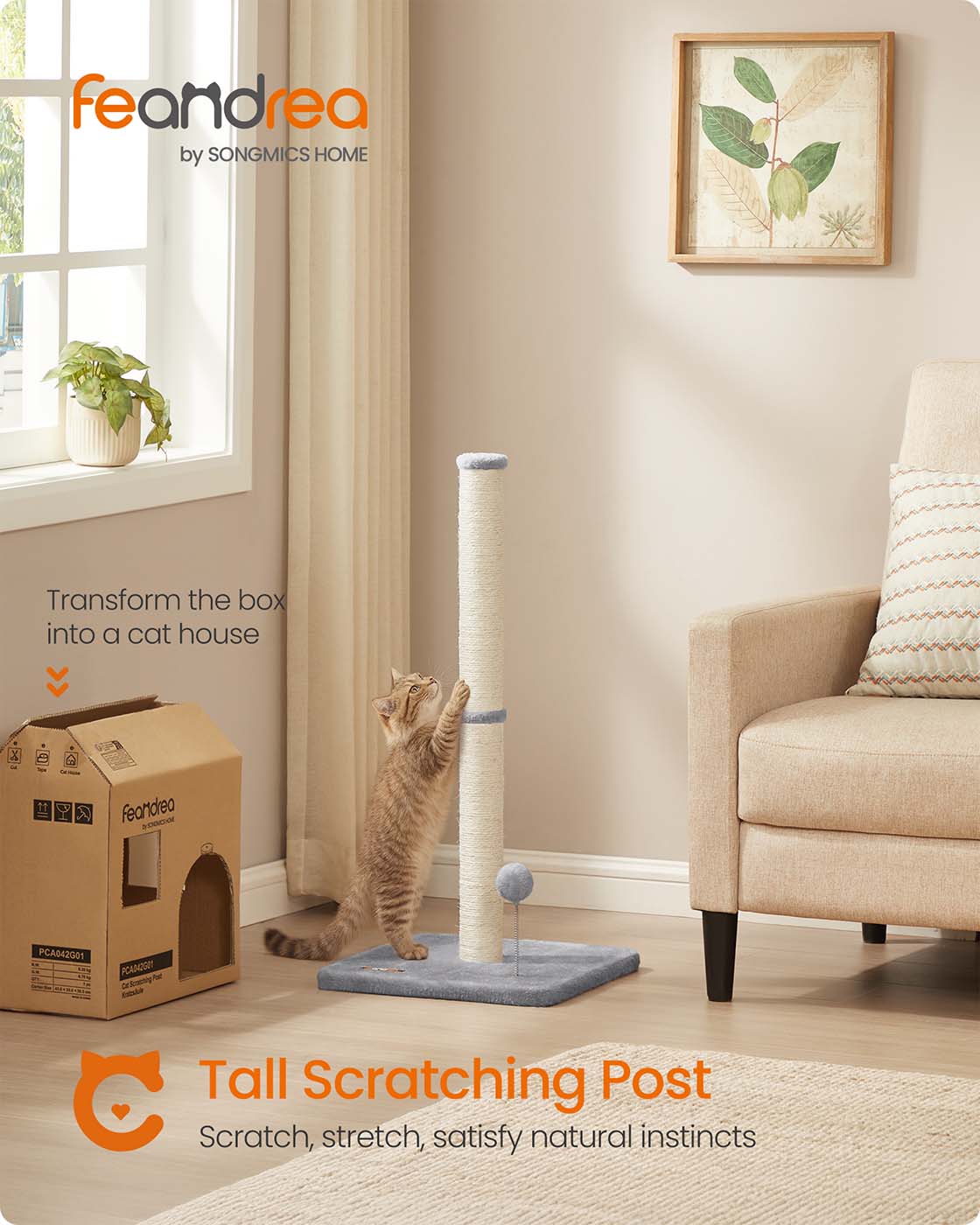 Cat Scratching Post – Sisal – Dove Grey – 85 cm Tall with Spring Toy