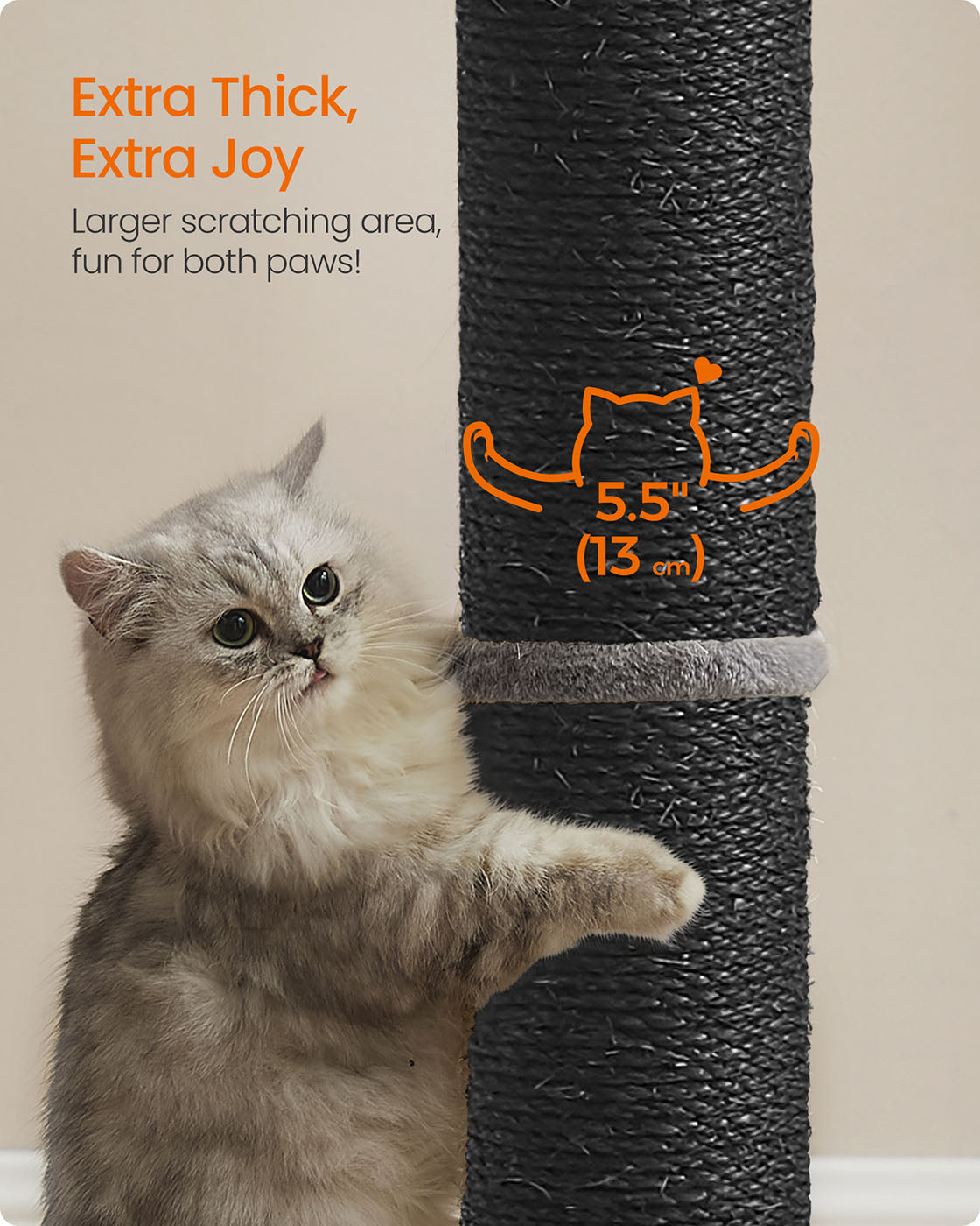 Cat Scratching Post – Sisal – Ink Black – 85 cm Tall with Spring Pompom and Built-in Bell