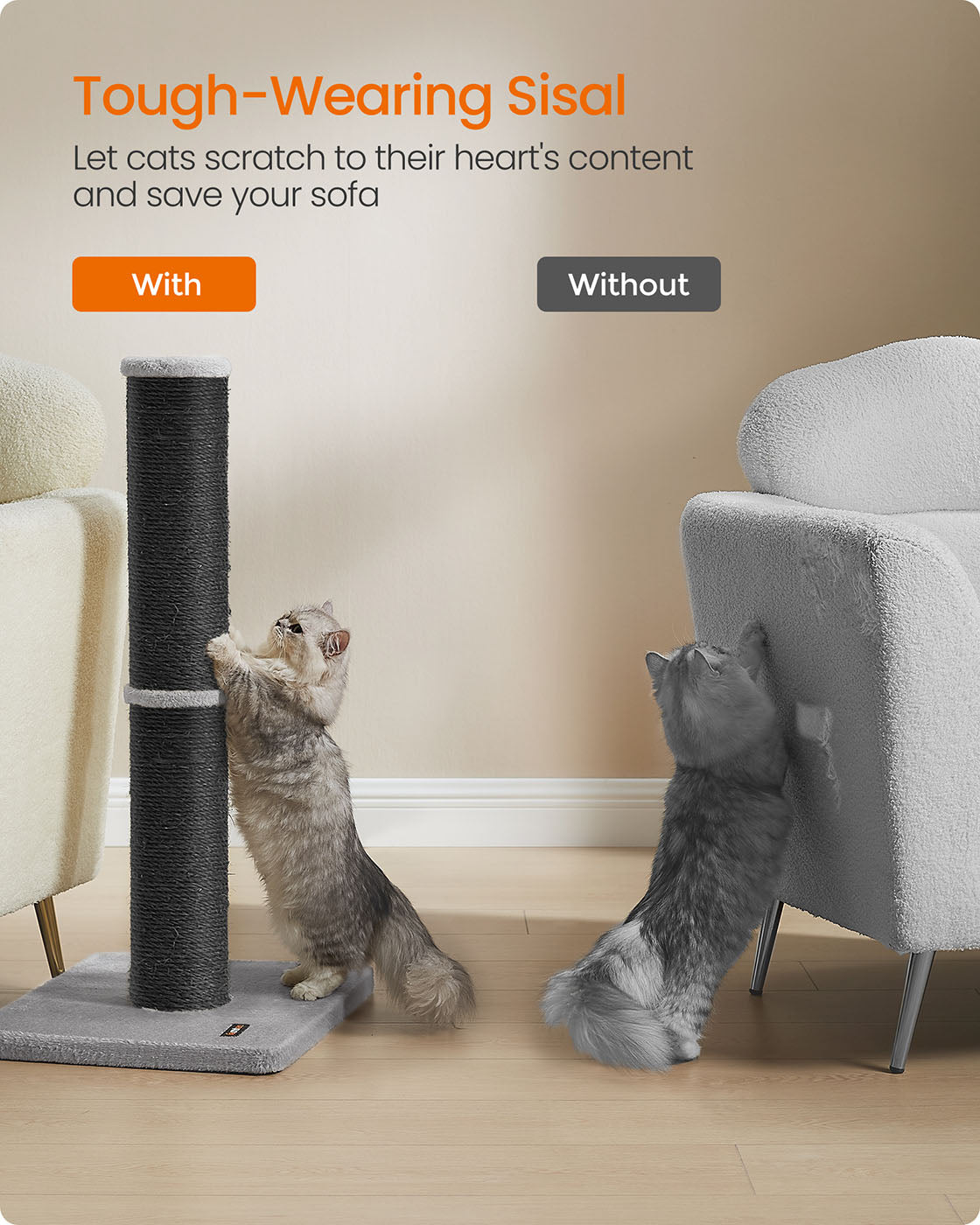 Cat Scratching Post – Sisal – Ink Black – 85 cm Tall with Spring Pompom and Built-in Bell