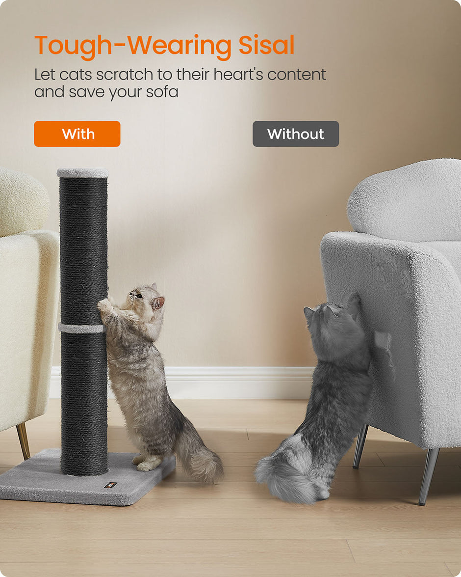 Cat Scratching Post – Sisal – Ink Black – 85 cm Tall with Spring Pompom and Built-in Bell