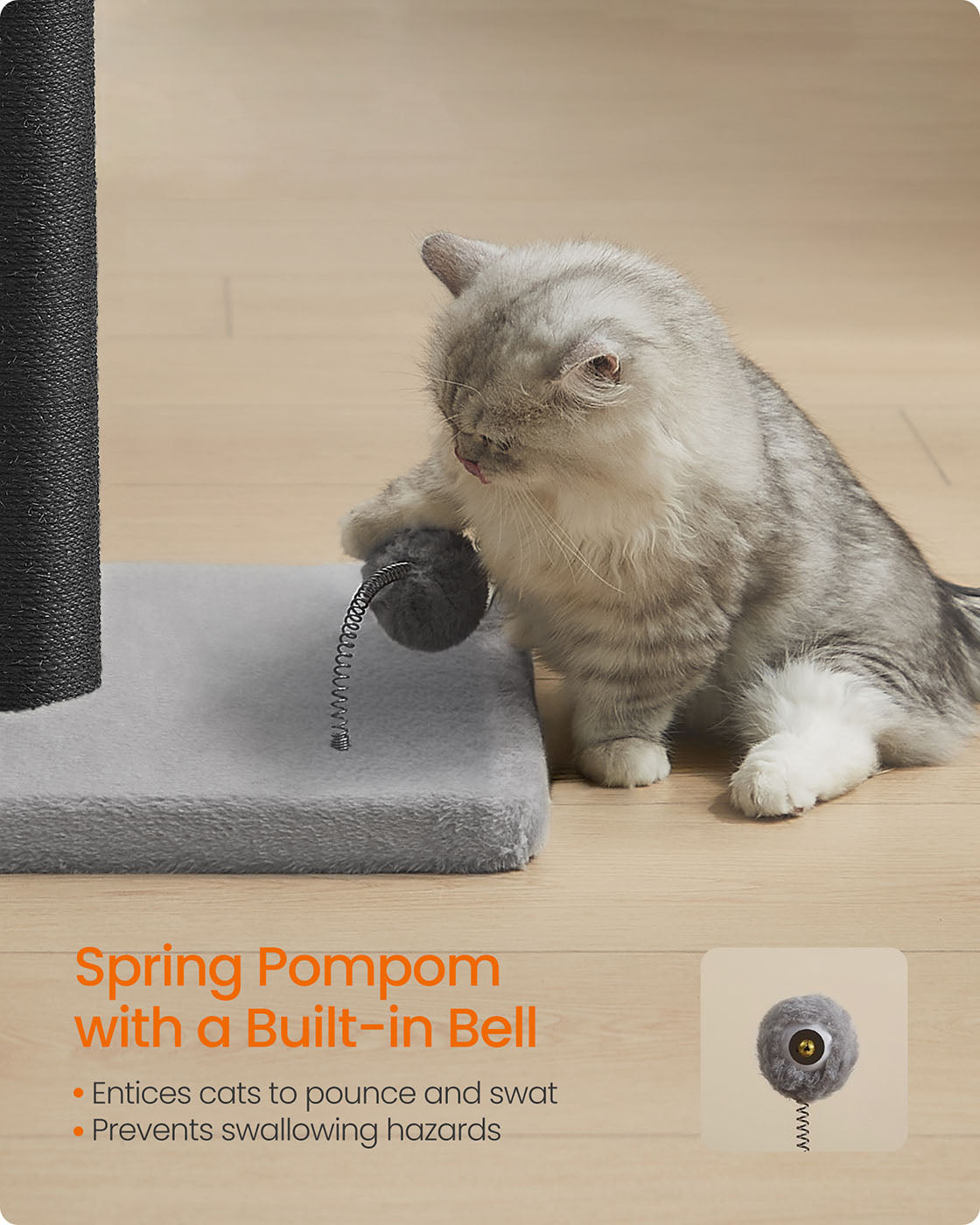 Cat Scratching Post – Sisal – Ink Black – 85 cm Tall with Spring Pompom and Built-in Bell