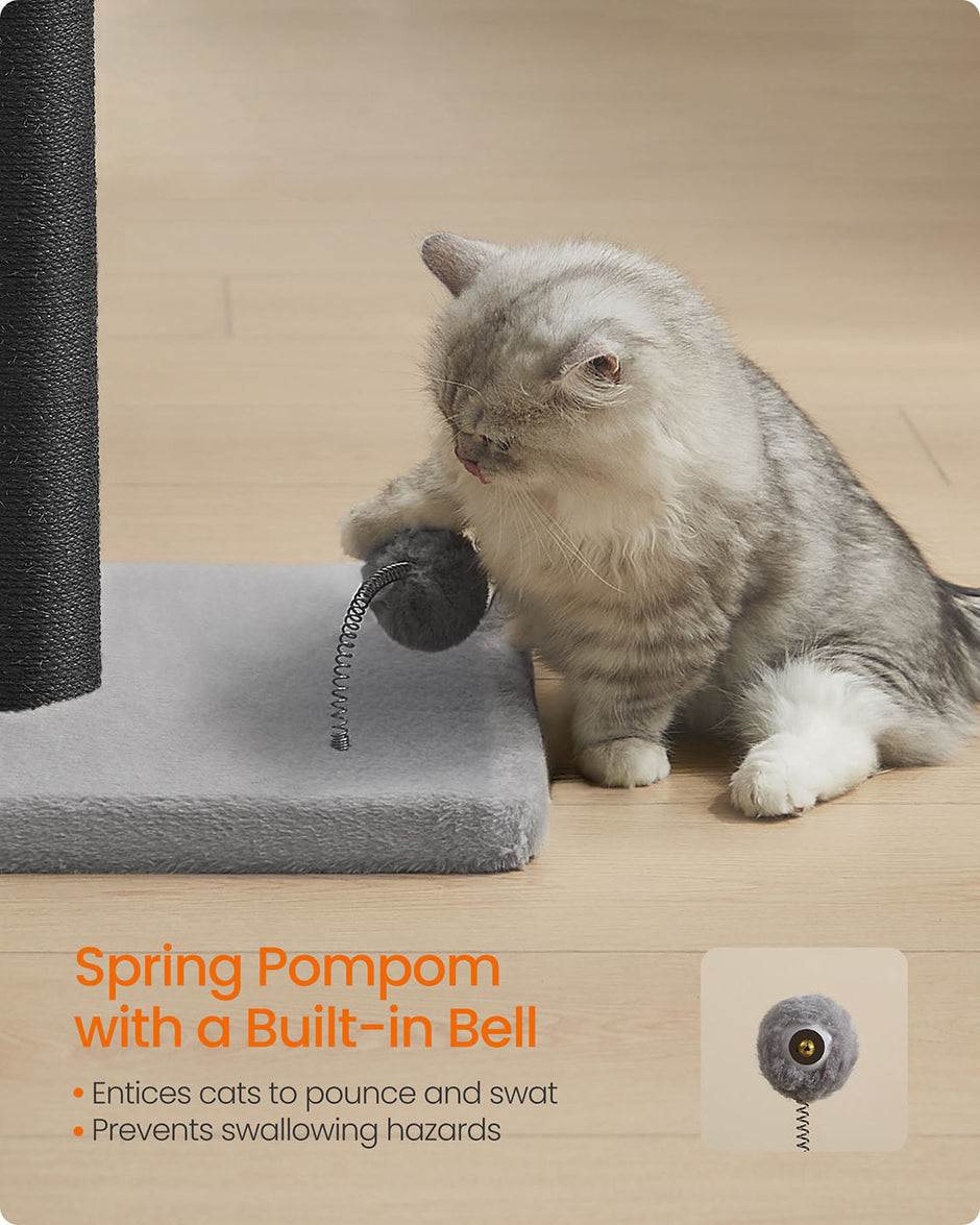 Cat Scratching Post – Sisal – Ink Black – 85 cm Tall with Spring Pompom and Built-in Bell