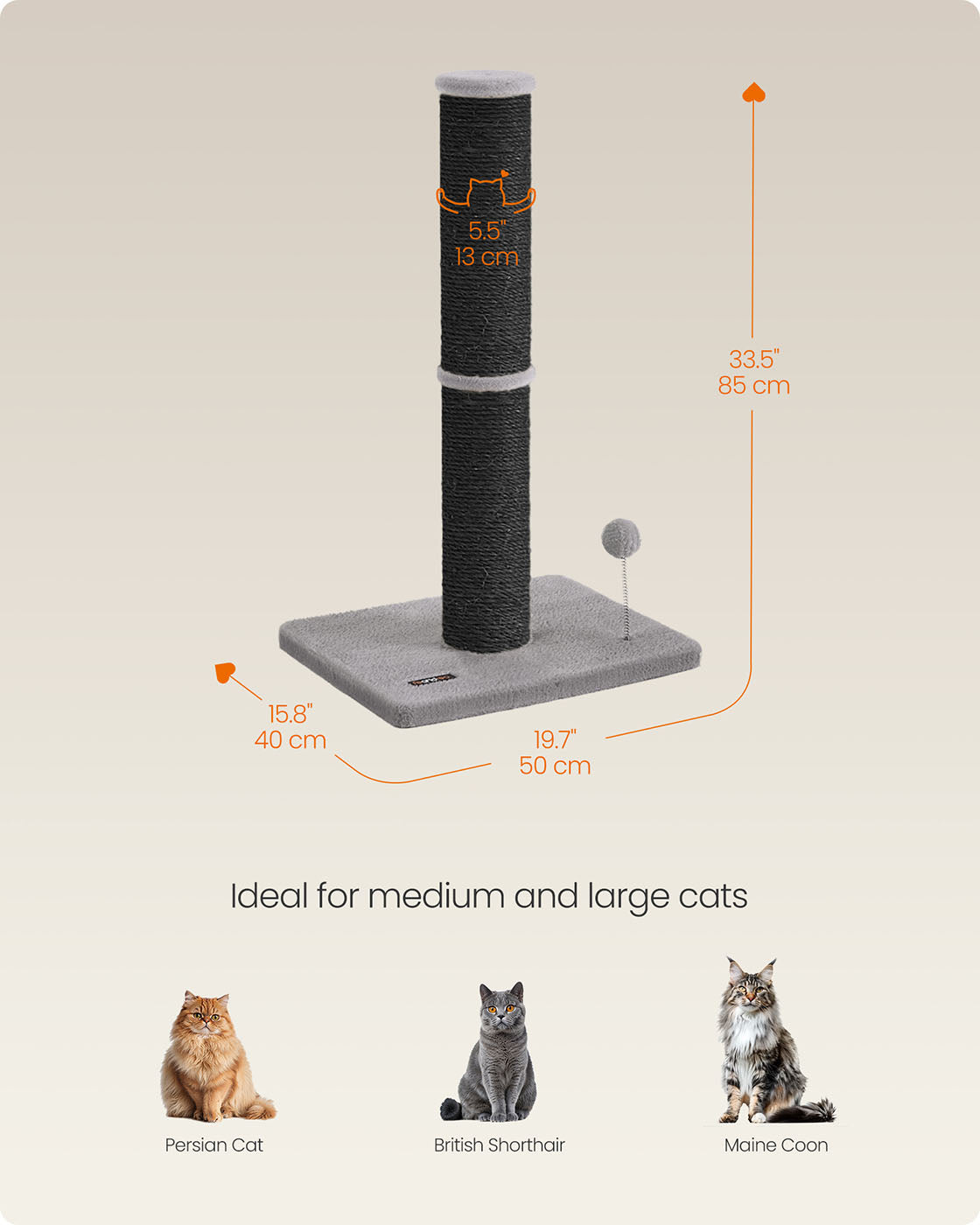 Cat Scratching Post – Sisal – Ink Black – 85 cm Tall with Spring Pompom and Built-in Bell