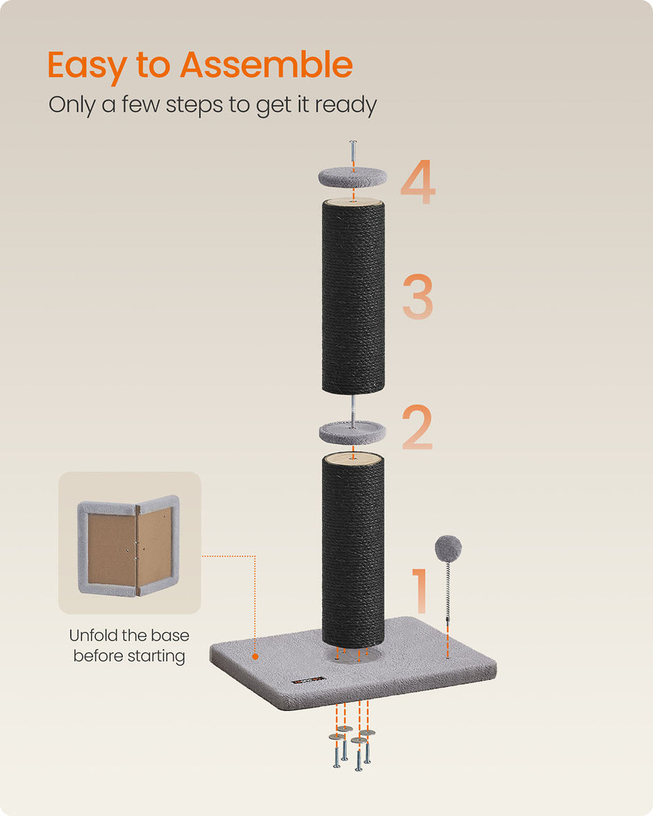 Cat Scratching Post – Sisal – Ink Black – 85 cm Tall with Spring Pompom and Built-in Bell