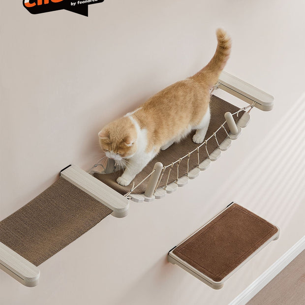 Wall-Mounted Cat Bridge – Wood – Natural – Quick Assembly with Replaceable Fabric Pad
