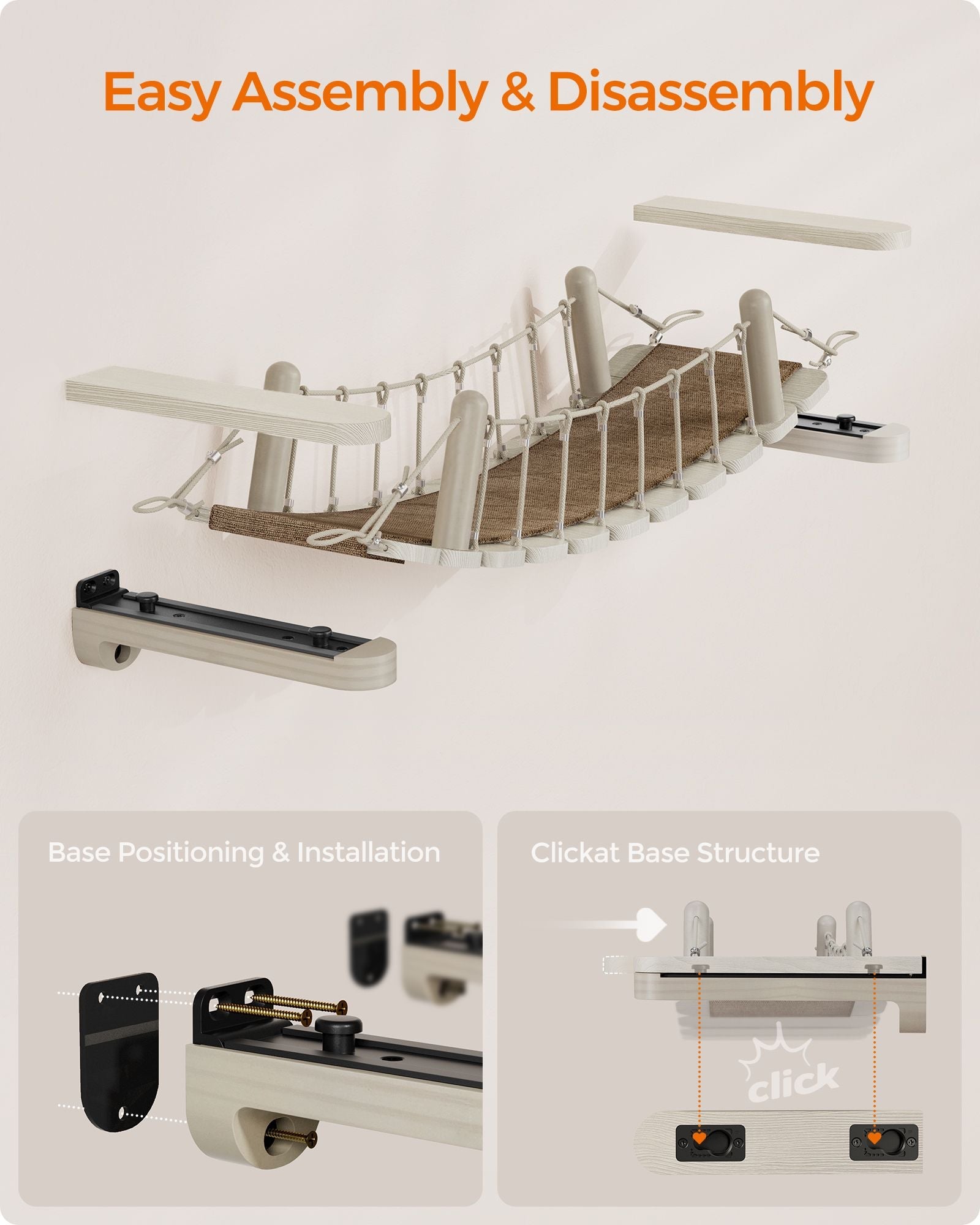 Wall-Mounted Cat Bridge – Wood – Natural – Quick Assembly with Replaceable Fabric Pad