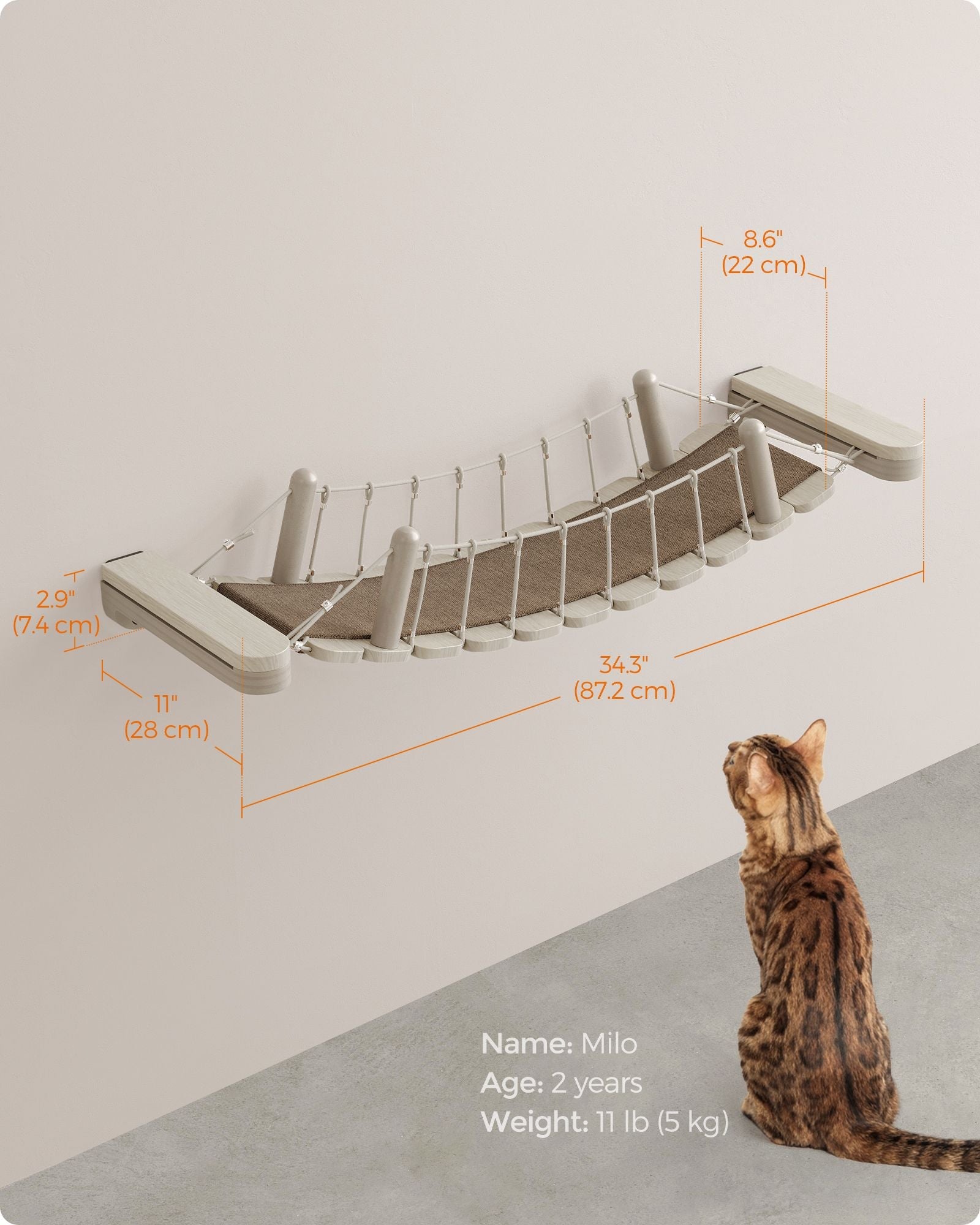 Wall-Mounted Cat Bridge – Wood – Natural – Quick Assembly with Replaceable Fabric Pad
