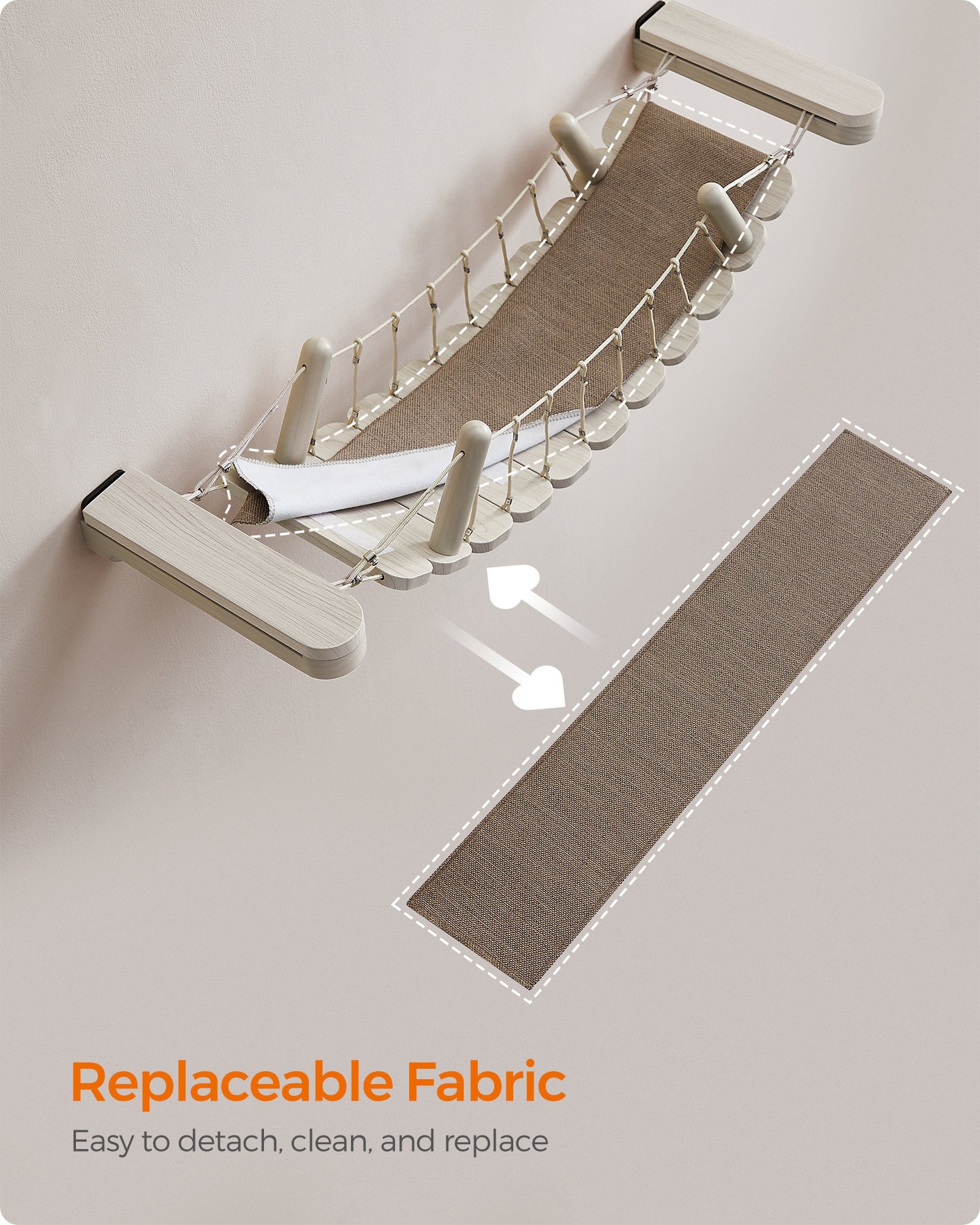 Wall-Mounted Cat Bridge – Wood – Natural – Quick Assembly with Replaceable Fabric Pad