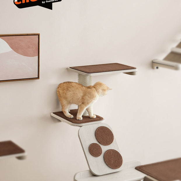 Wall-Mounted Cat Stairs – Wood – Natural Finish – Includes Shelf and Self-Groomer