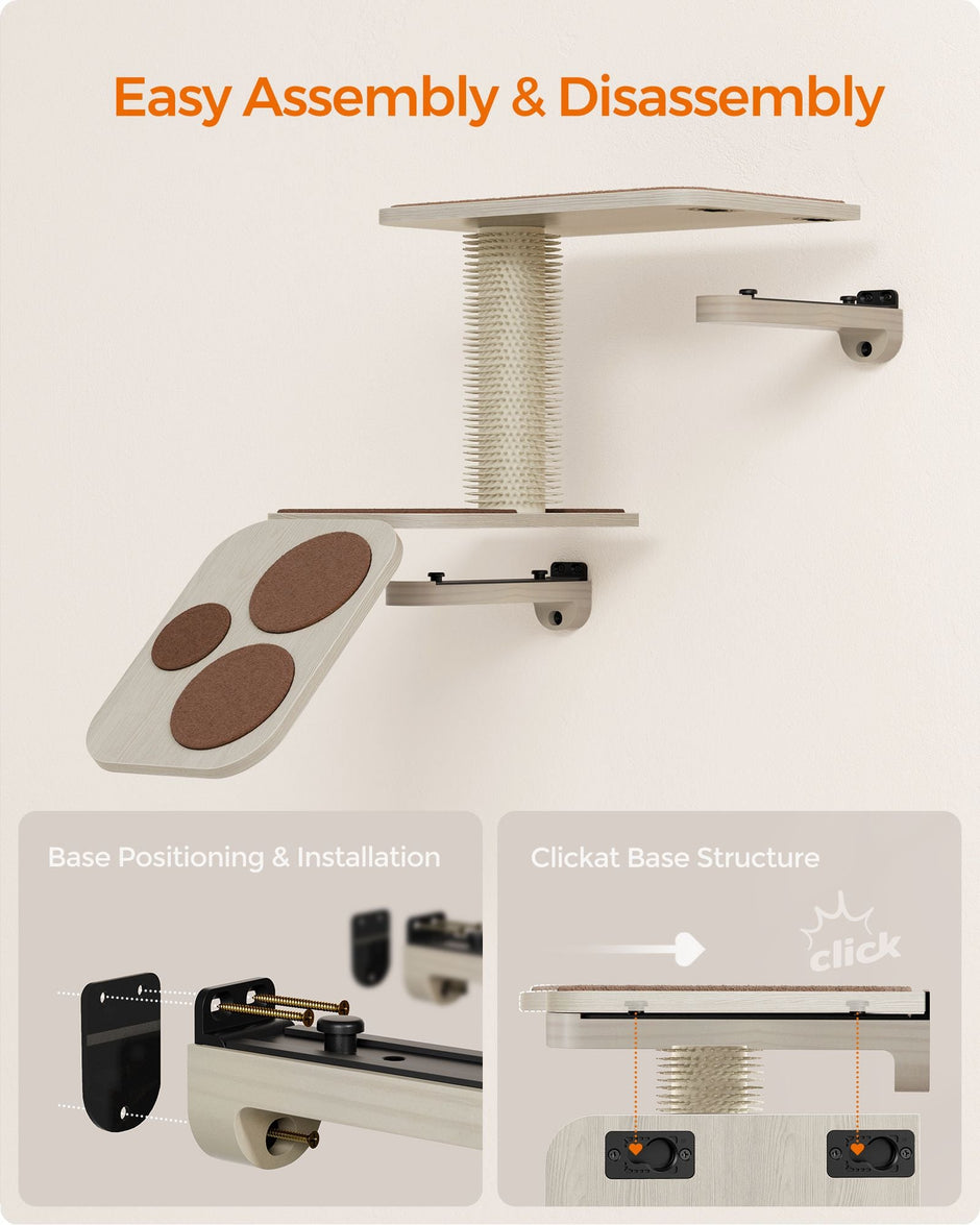 Wall-Mounted Cat Stairs – Wood – Natural Finish – Includes Shelf and Self-Groomer